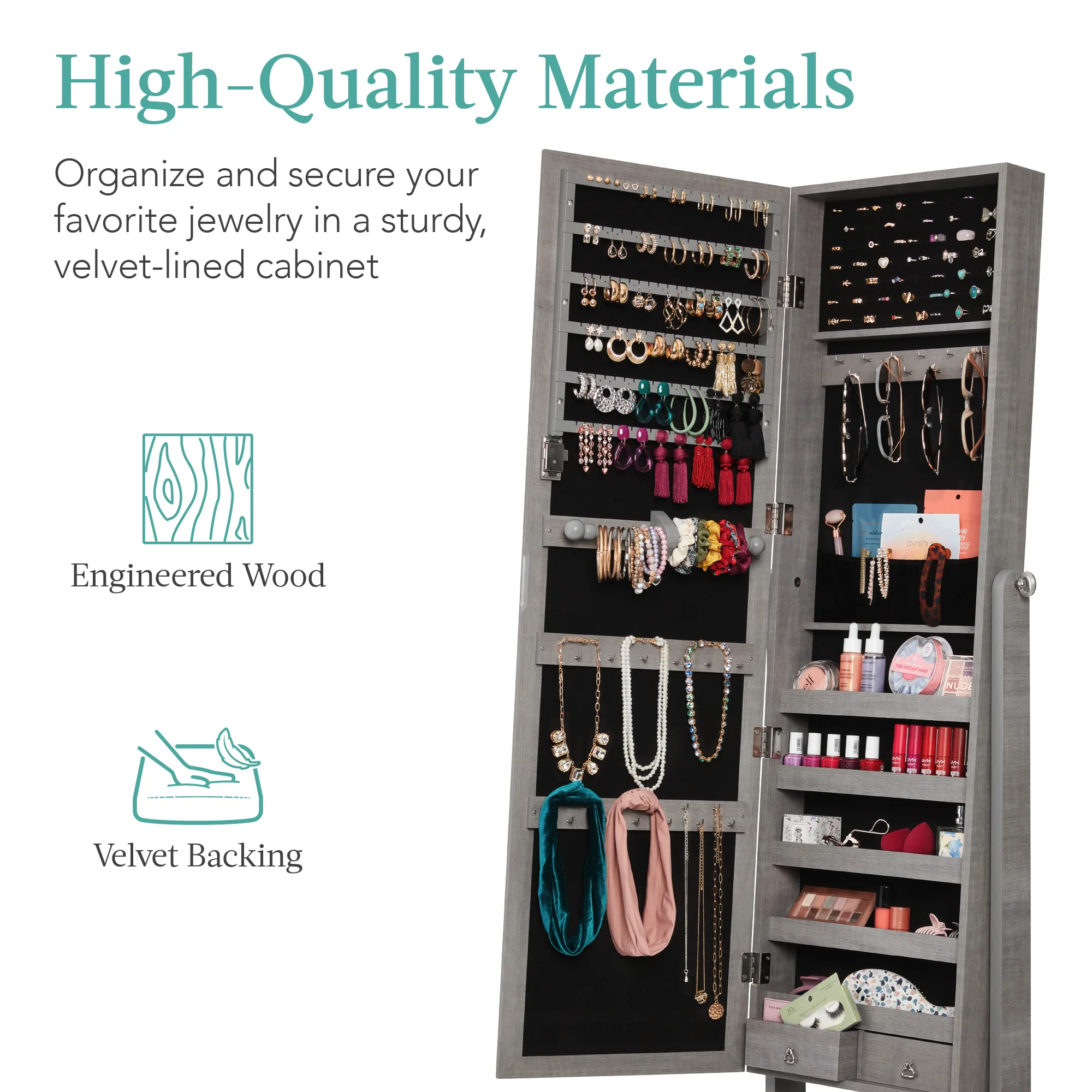 Full Length Freestanding Jewelry Mirror Armoire w/ Velvet Interior - Image 5