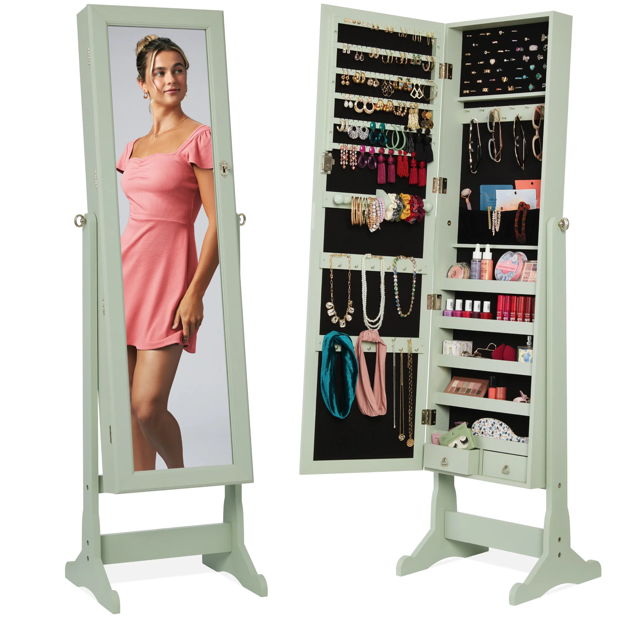 Full Length Freestanding Jewelry Mirror Armoire w/ Velvet Interior - Image 50