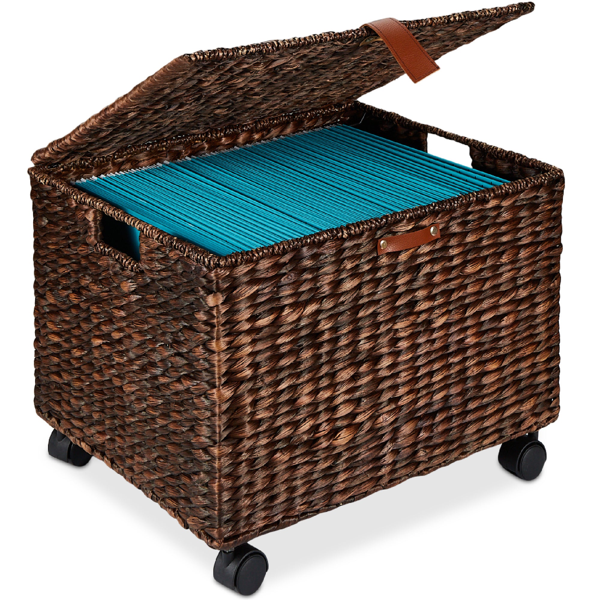 Mobile Water Hyacinth Rolling Filing Cabinet Storage Basket w/ Lid, Wheels - Image 8