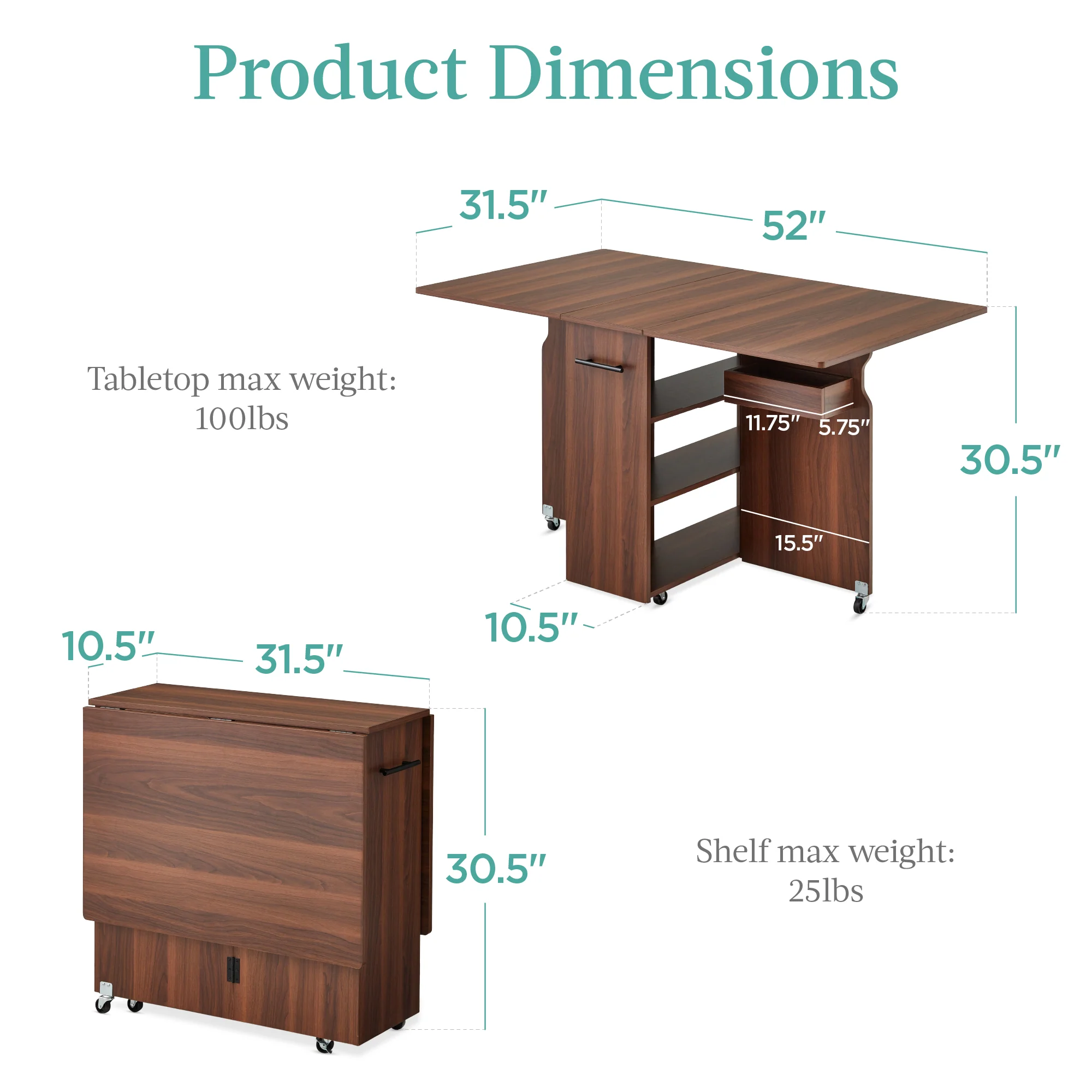 Multipurpose Folding Table w/ Wheels, 3 Storage Shelves, Cubby, Handle - Image 10