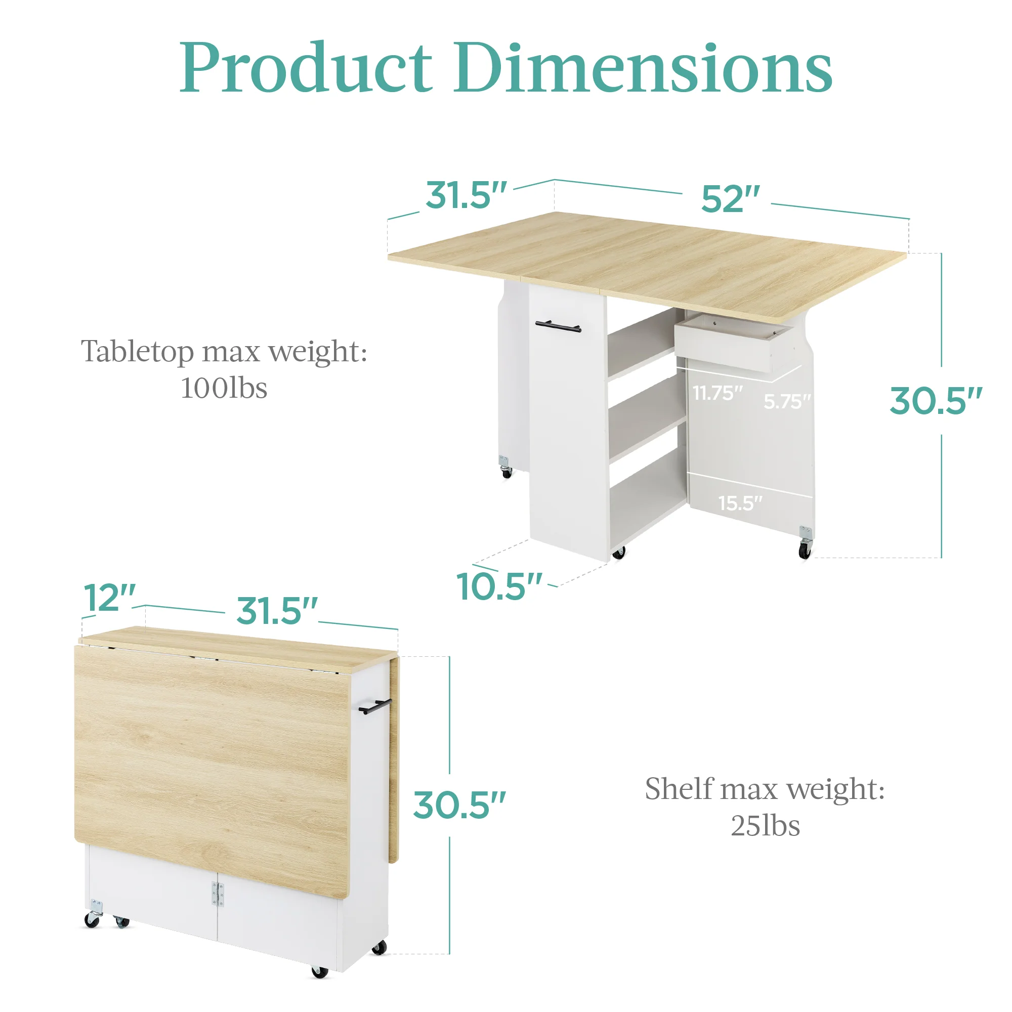 Multipurpose Folding Table w/ Wheels, 3 Storage Shelves, Cubby, Handle - Image 21