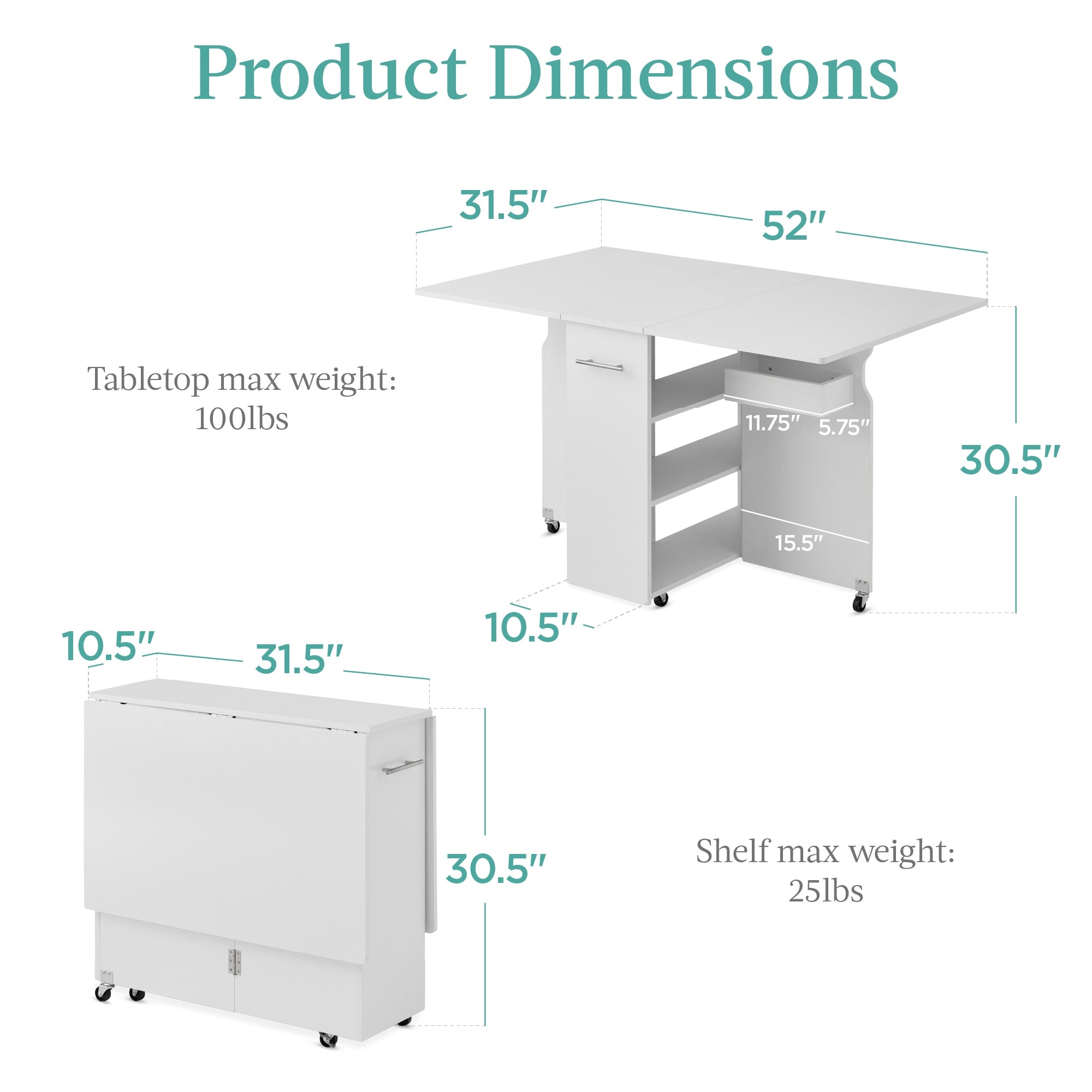 Multipurpose Folding Table w/ Wheels, 3 Storage Shelves, Cubby, Handle - Image 28