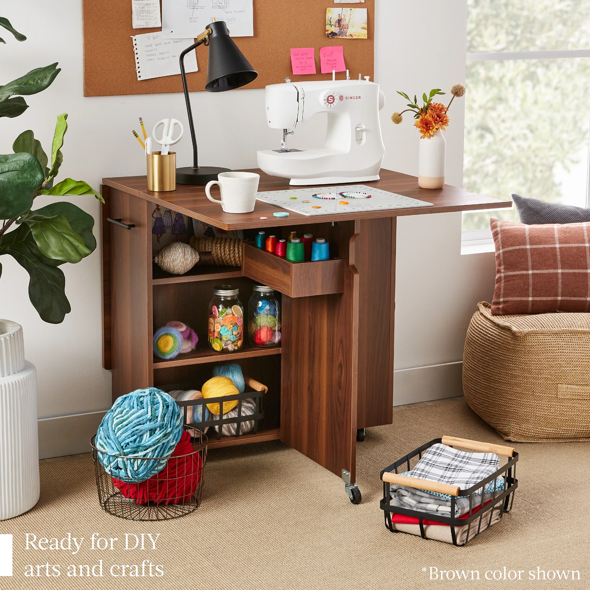 Multipurpose Folding Table w/ Wheels, 3 Storage Shelves, Cubby, Handle - Image 3