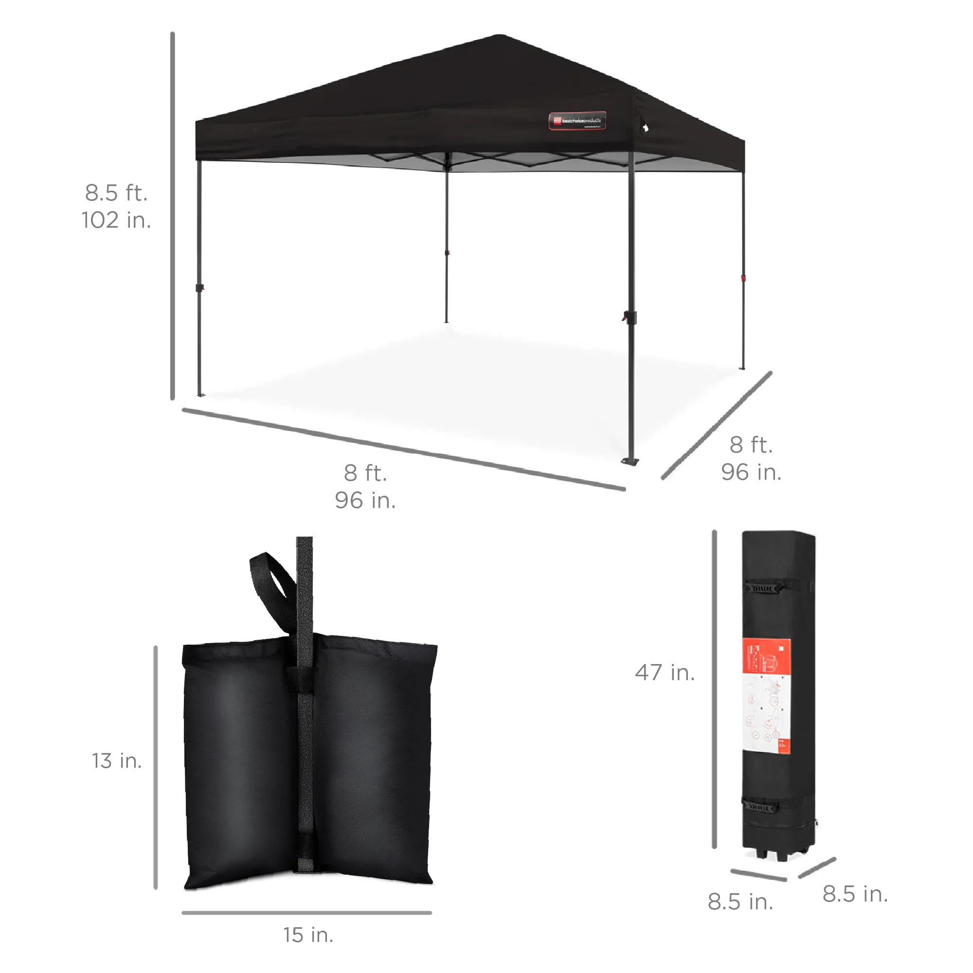 One-Person Setup Instant Pop Up Canopy w/ Case, 4 Weight Bags - 8x8ft - Image 200