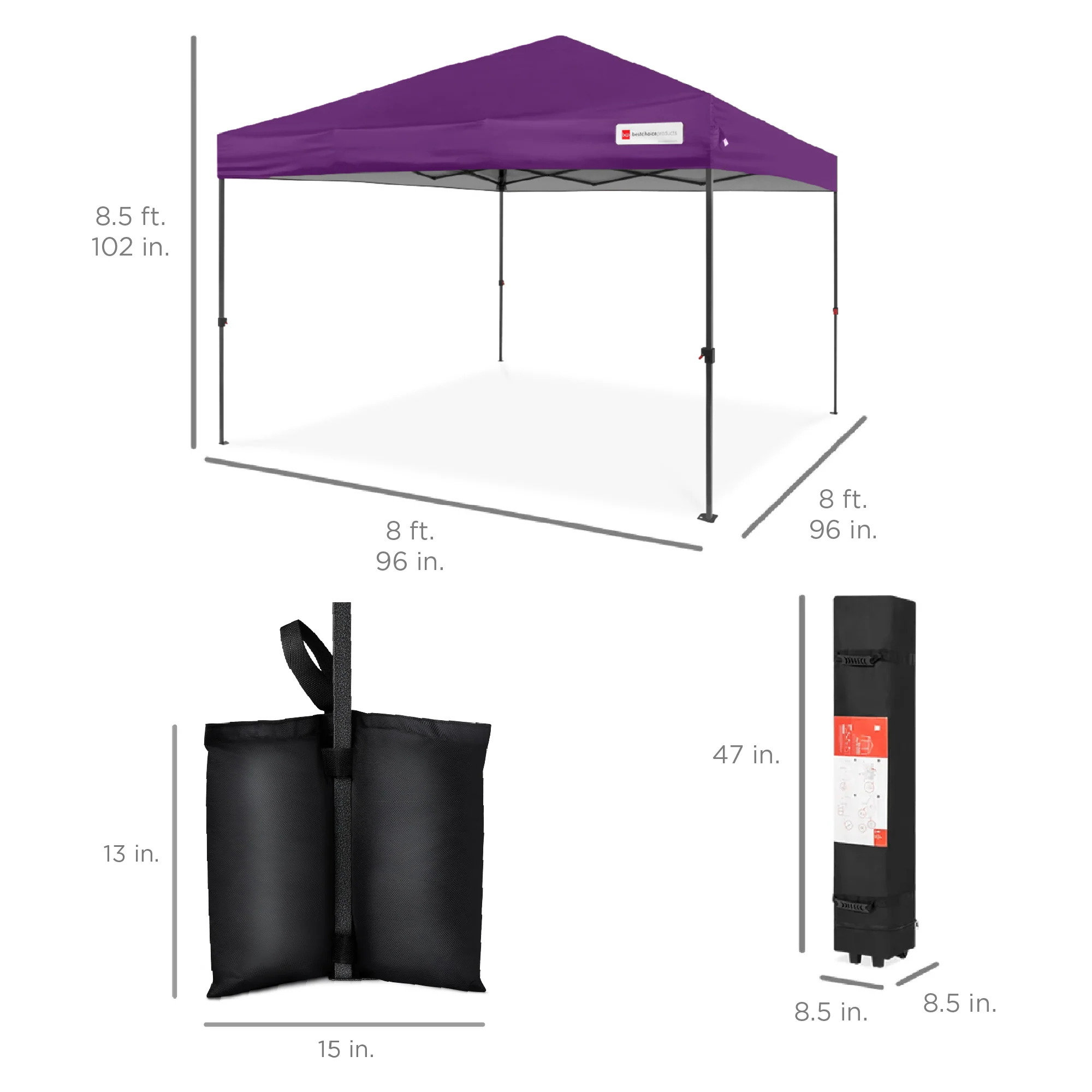 One-Person Setup Instant Pop Up Canopy w/ Case, 4 Weight Bags - 8x8ft - Image 64