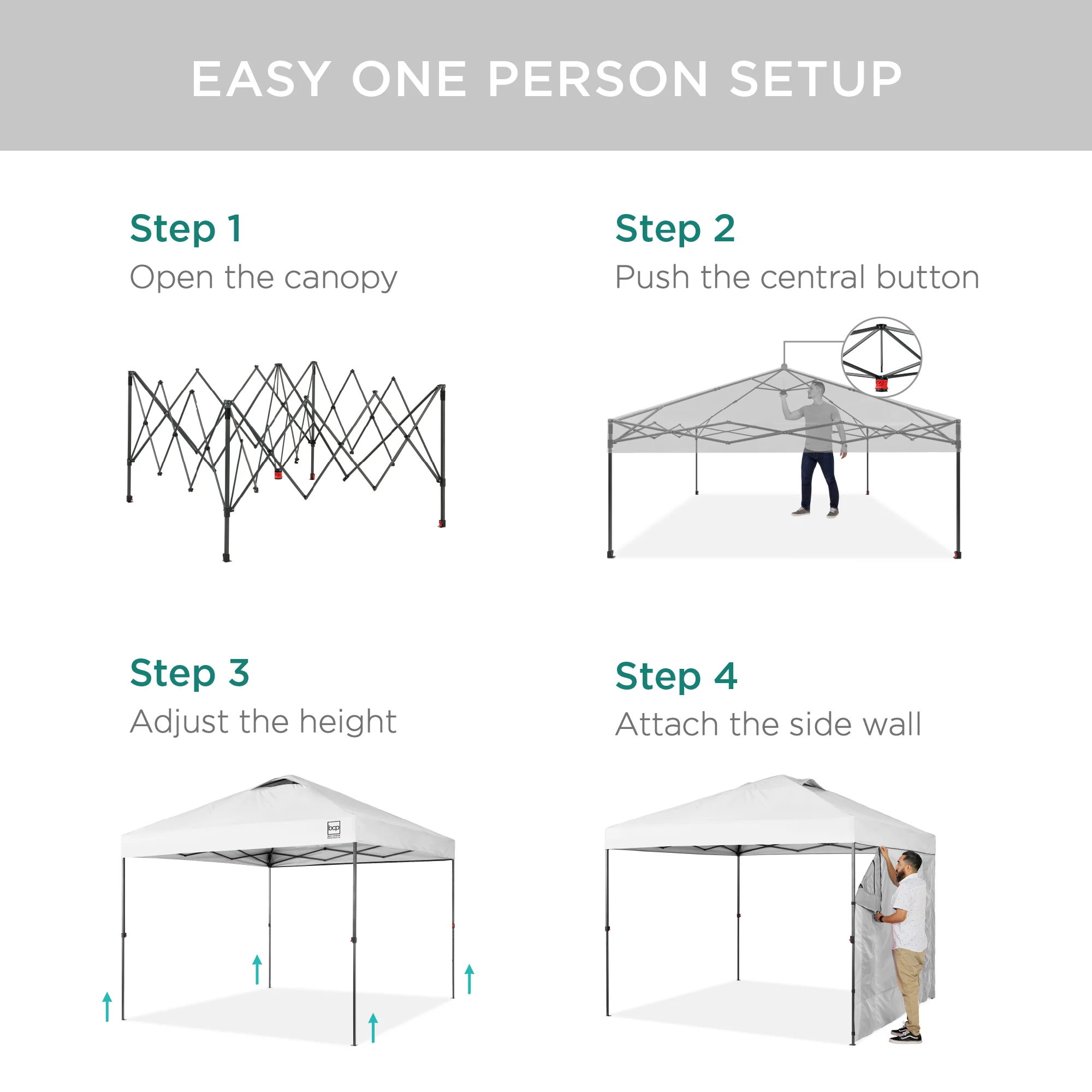 One-Person Setup Instant Pop Up Canopy w/ Side Wall, Carrying Case - 10x10ft - Image 115