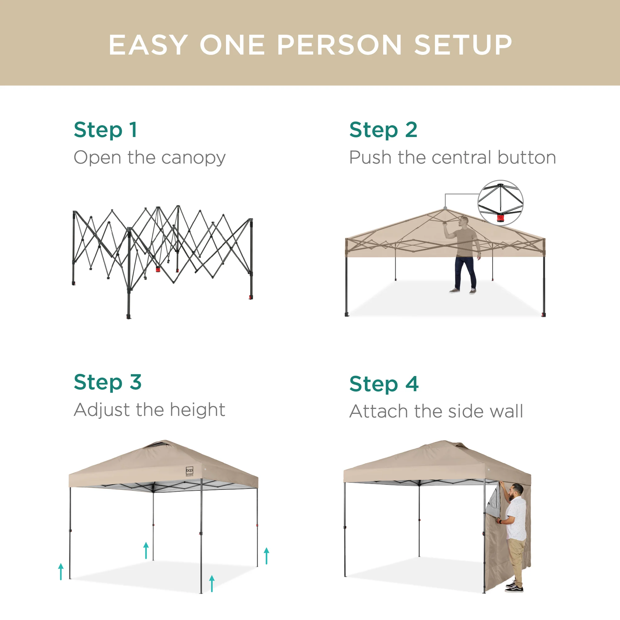 One-Person Setup Instant Pop Up Canopy w/ Side Wall, Carrying Case - 10x10ft - Image 131