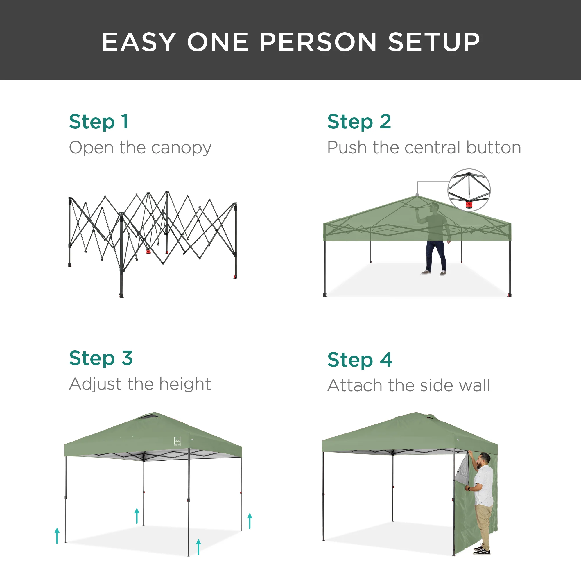 One-Person Setup Instant Pop Up Canopy w/ Side Wall, Carrying Case - 10x10ft - Image 202