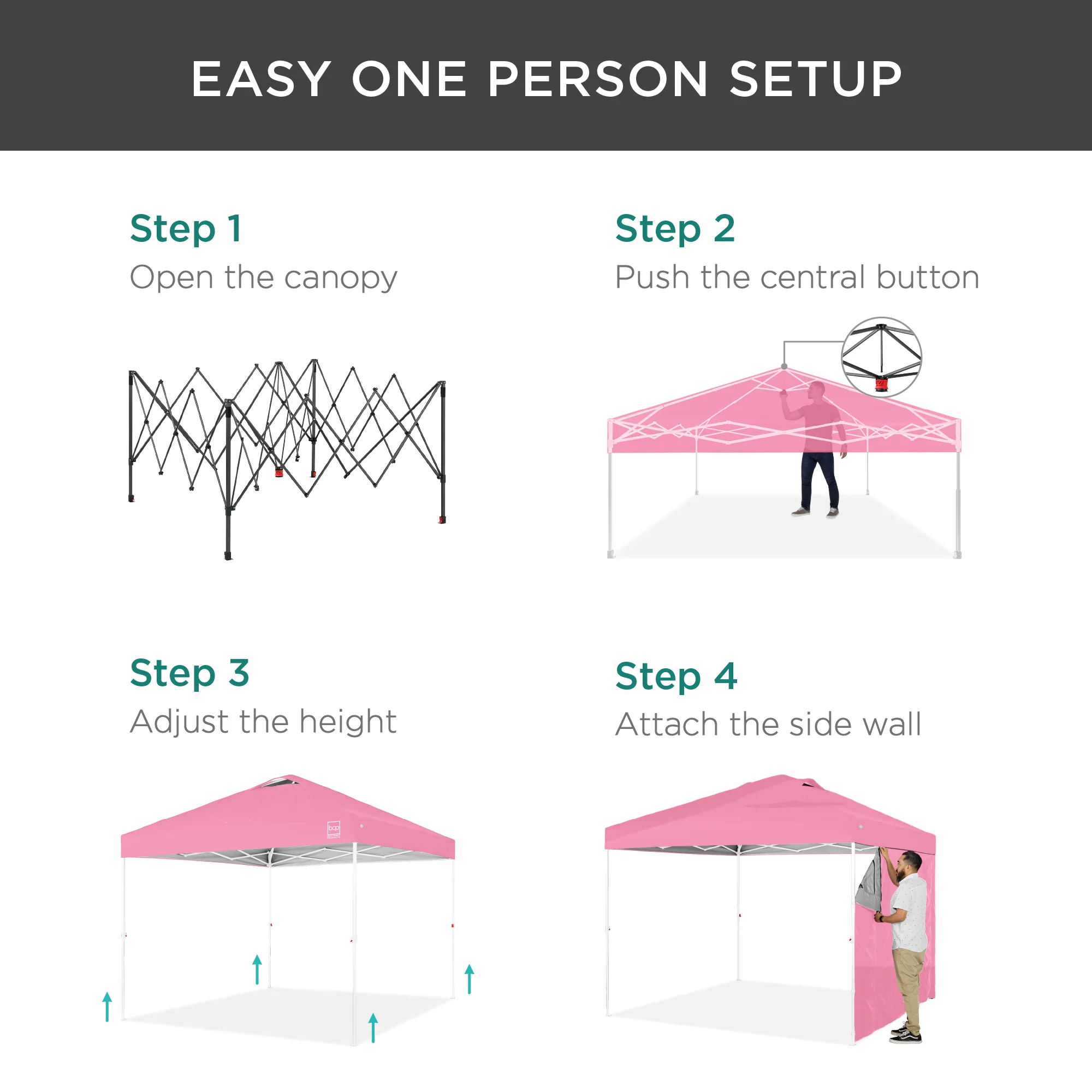 One-Person Setup Instant Pop Up Canopy w/ Side Wall, Carrying Case - 10x10ft - Image 211