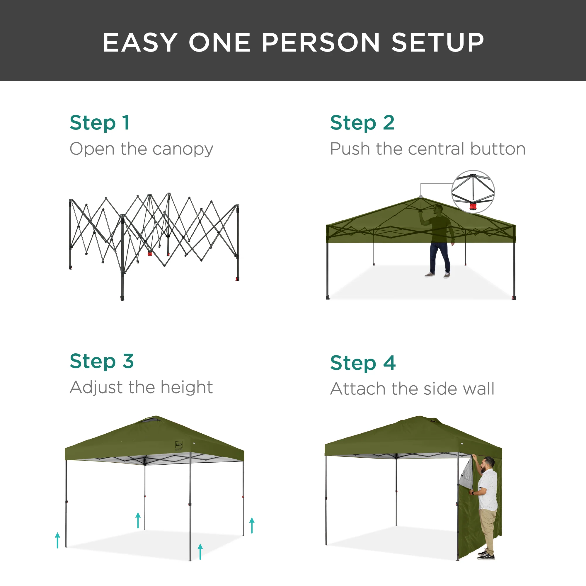 One-Person Setup Instant Pop Up Canopy w/ Side Wall, Carrying Case - 10x10ft - Image 51