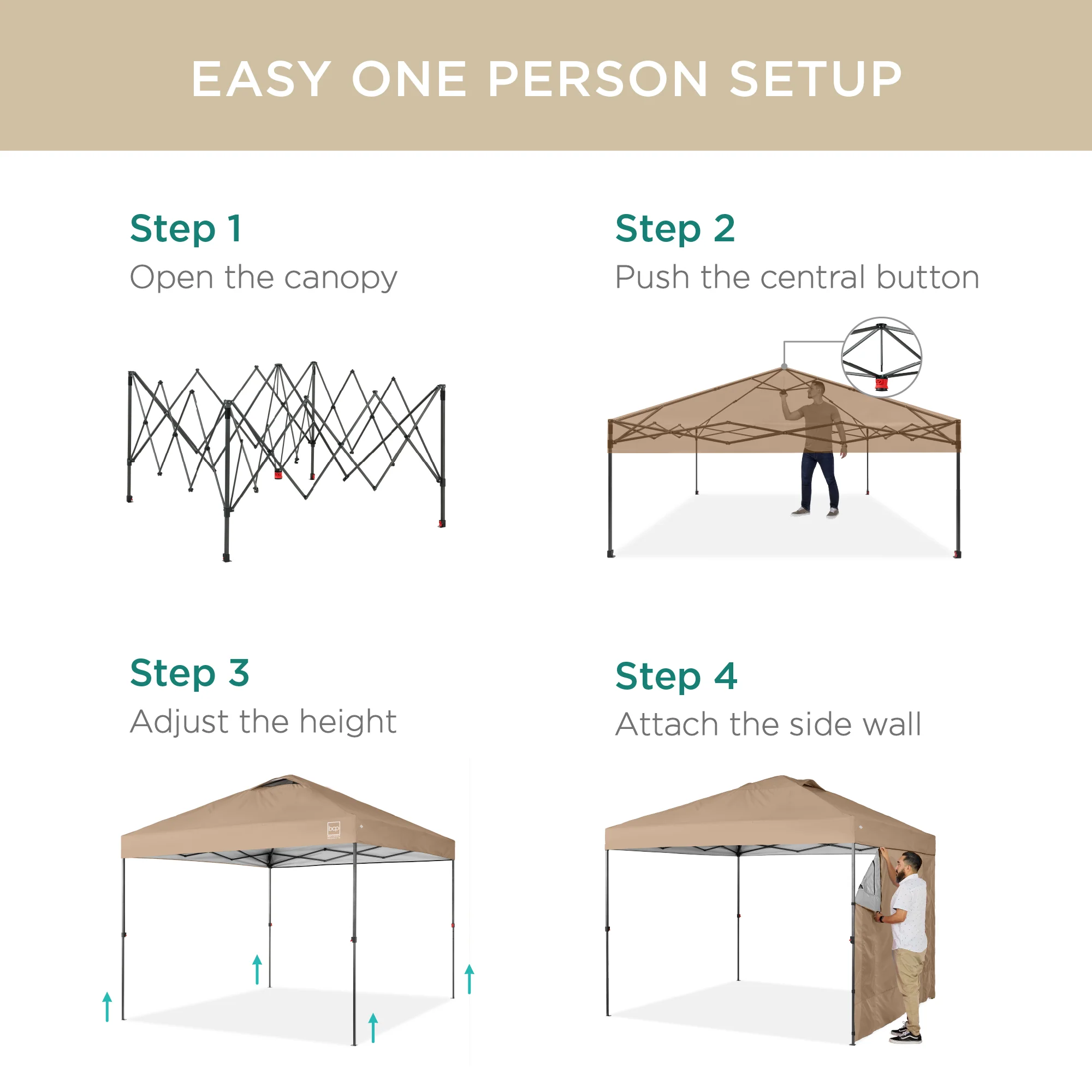 One-Person Setup Instant Pop Up Canopy w/ Side Wall, Carrying Case - 10x10ft - Image 67