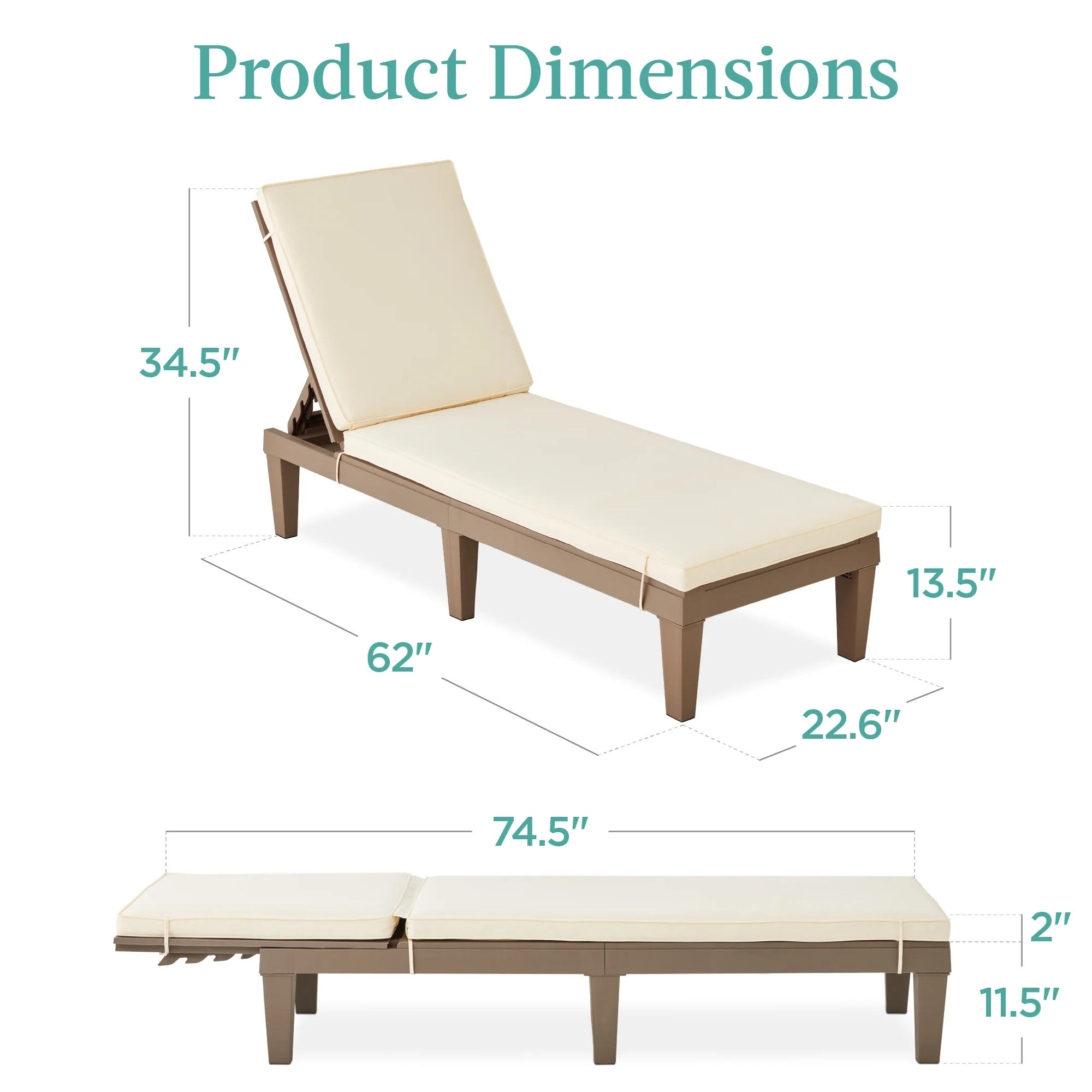 Outdoor Patio Lounge Chair, Resin Chaise Lounger w/ Seat Cushion, 5 Positions - Image 14