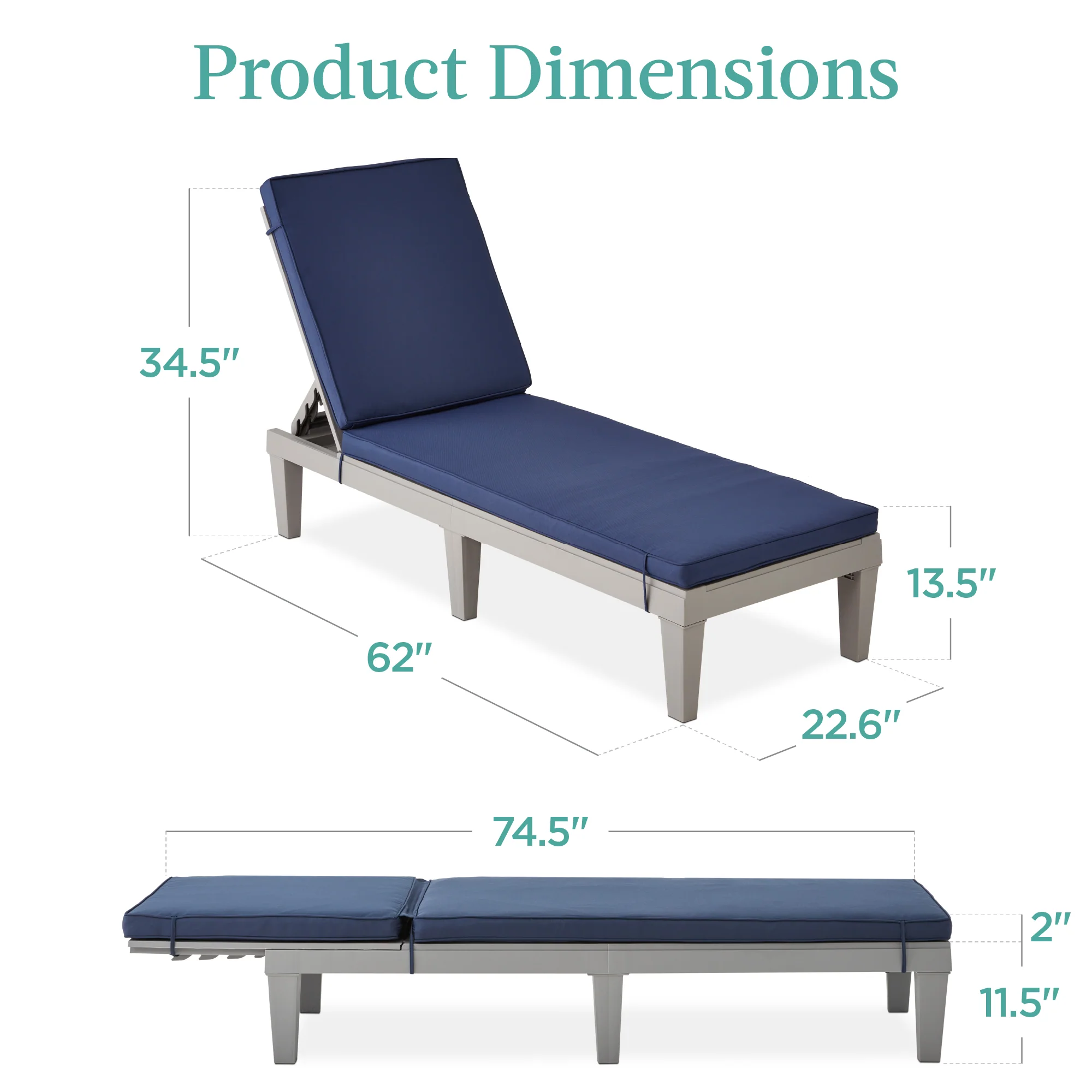 Outdoor Patio Lounge Chair, Resin Chaise Lounger w/ Seat Cushion, 5 Positions - Image 21