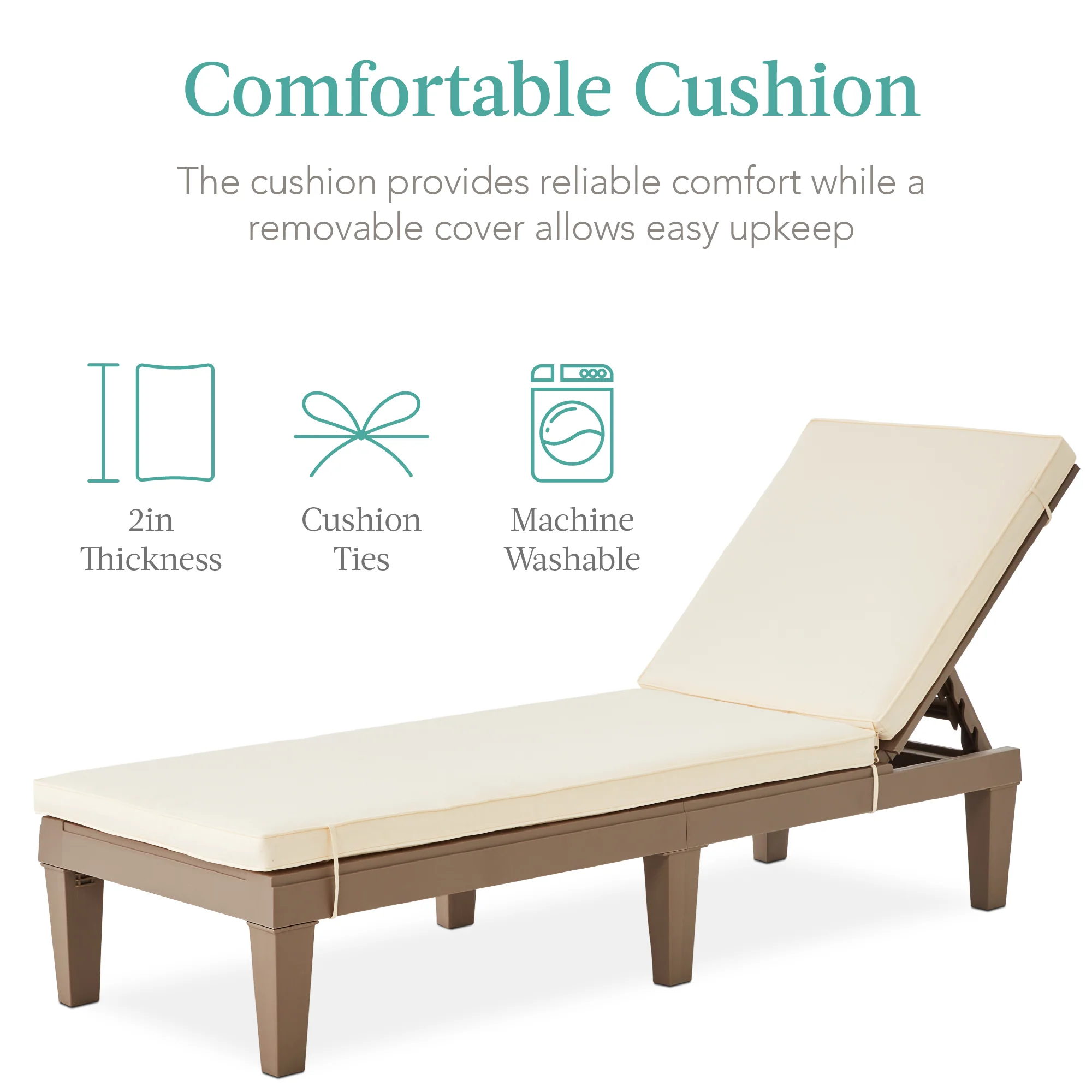 Outdoor Patio Lounge Chair, Resin Chaise Lounger w/ Seat Cushion, 5 Positions - Image 3