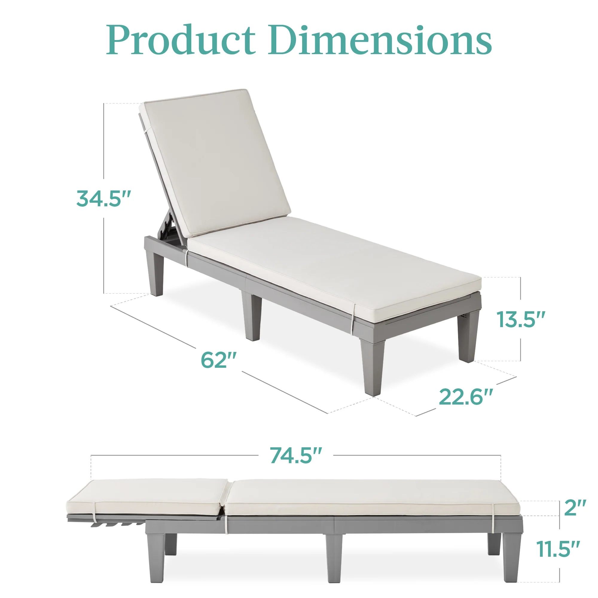 Outdoor Patio Lounge Chair, Resin Chaise Lounger w/ Seat Cushion, 5 Positions - Image 35