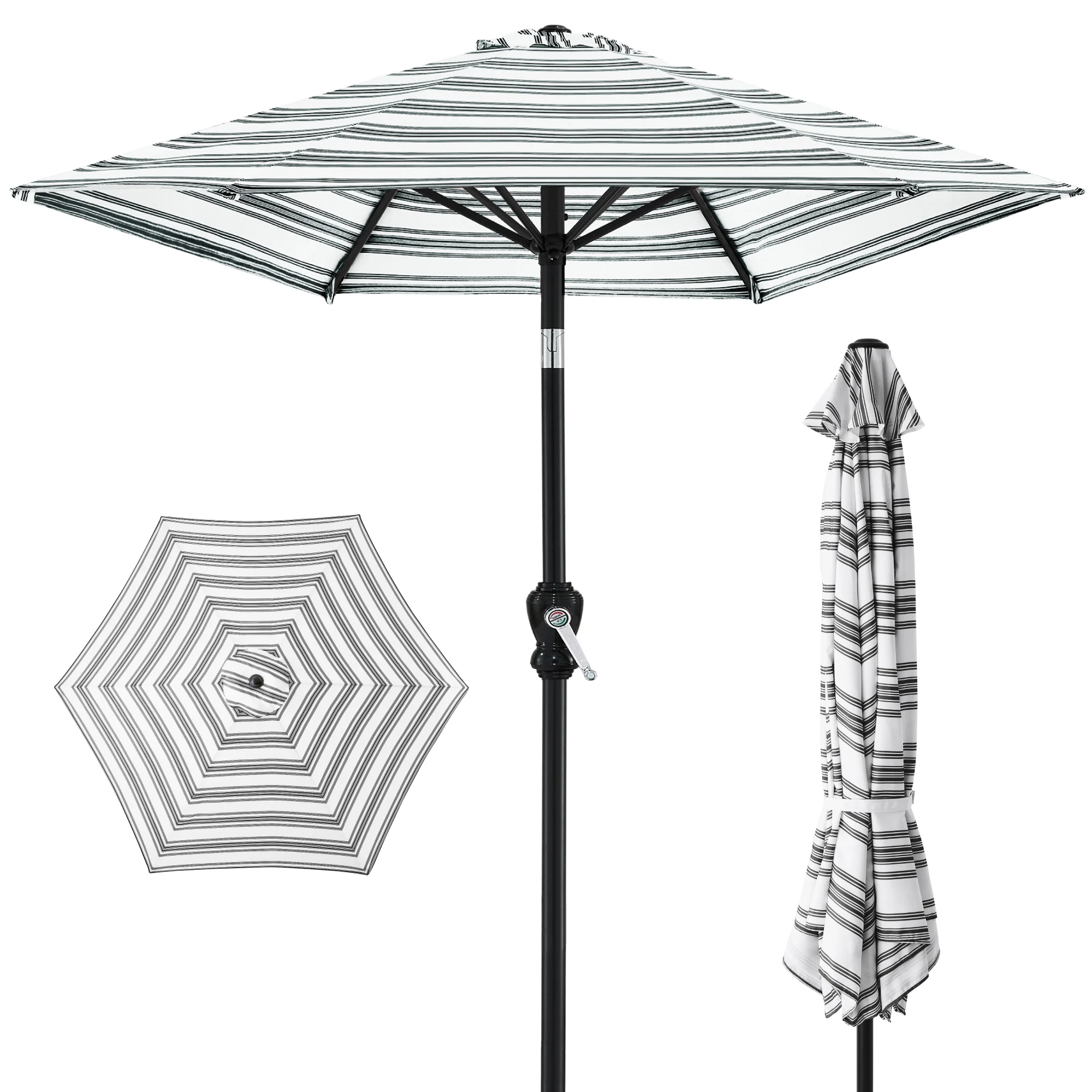 Outdoor Steel Striped Market Patio Umbrella w/ Tilt, Crank Lift - 10ft - Image 35