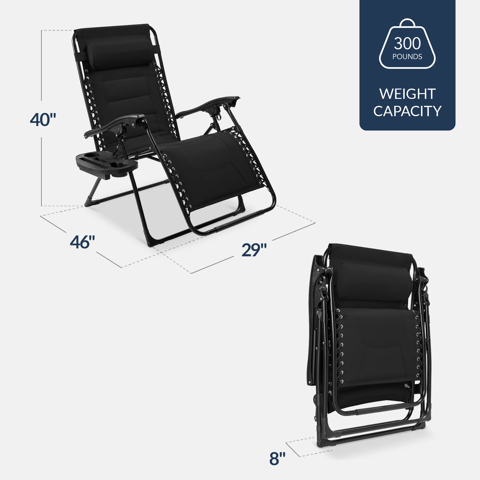 Oversized Padded Zero Gravity Chair, Folding Recliner w/ Headrest, Side Tray - Image 135