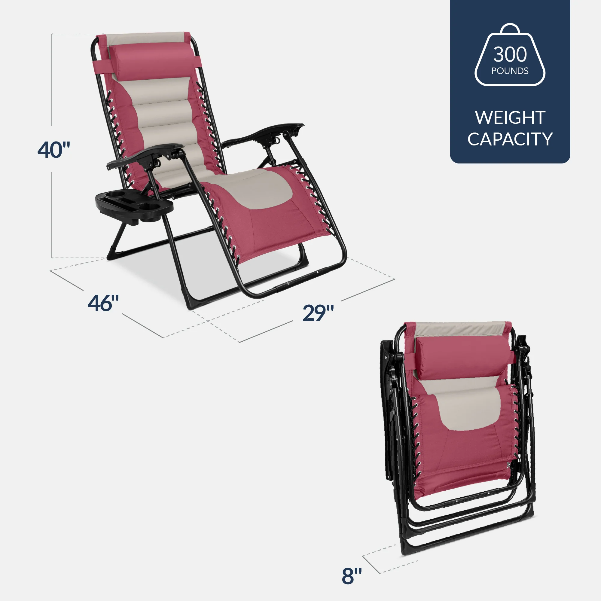 Oversized Padded Zero Gravity Chair, Folding Recliner w/ Headrest, Side Tray - Image 140