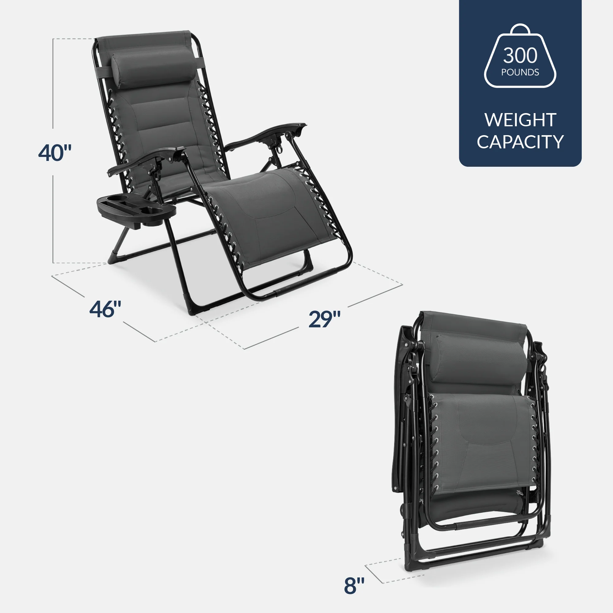 Oversized Padded Zero Gravity Chair, Folding Recliner w/ Headrest, Side Tray - Image 157