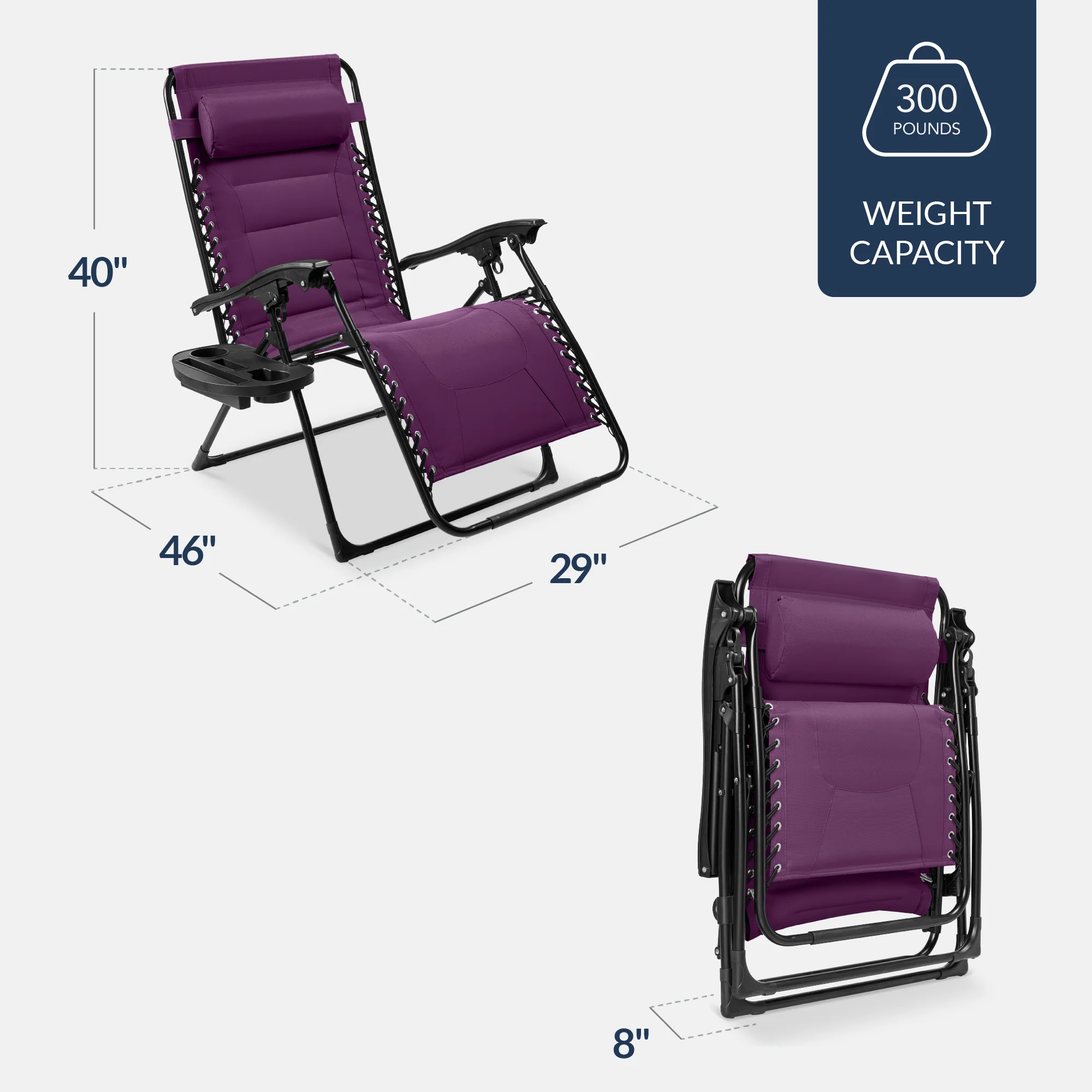 Oversized Padded Zero Gravity Chair, Folding Recliner w/ Headrest, Side Tray - Image 42