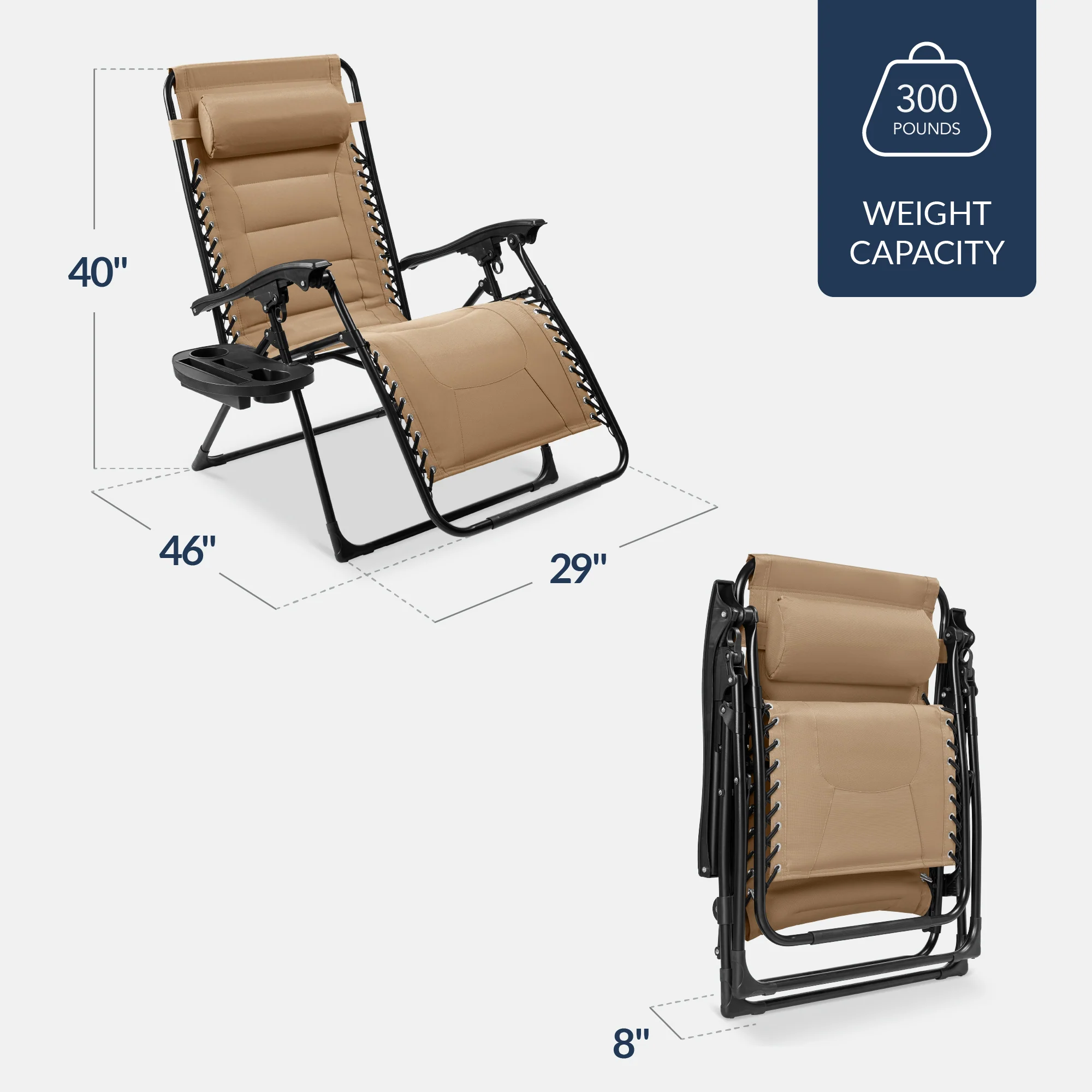 Oversized Padded Zero Gravity Chair, Folding Recliner w/ Headrest, Side Tray - Image 46