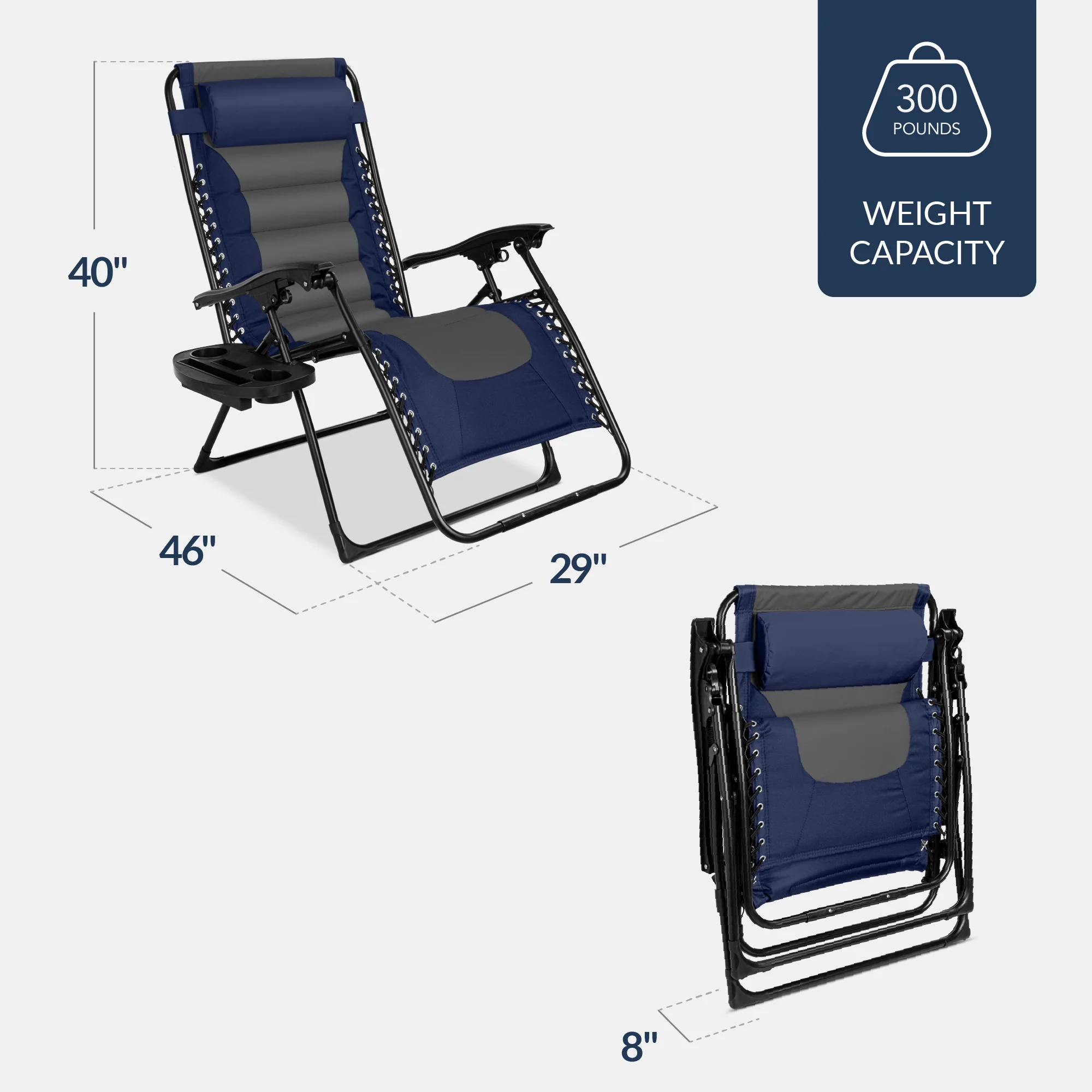 Oversized Padded Zero Gravity Chair, Folding Recliner w/ Headrest, Side Tray - Image 54