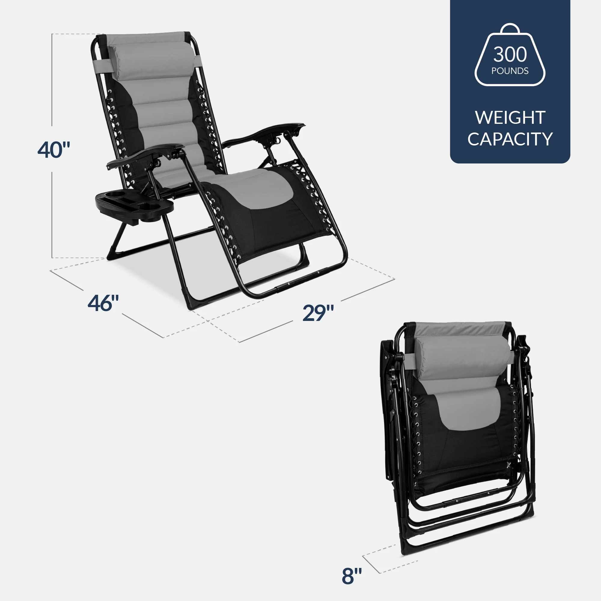 Oversized Padded Zero Gravity Chair, Folding Recliner w/ Headrest, Side Tray - Image 91