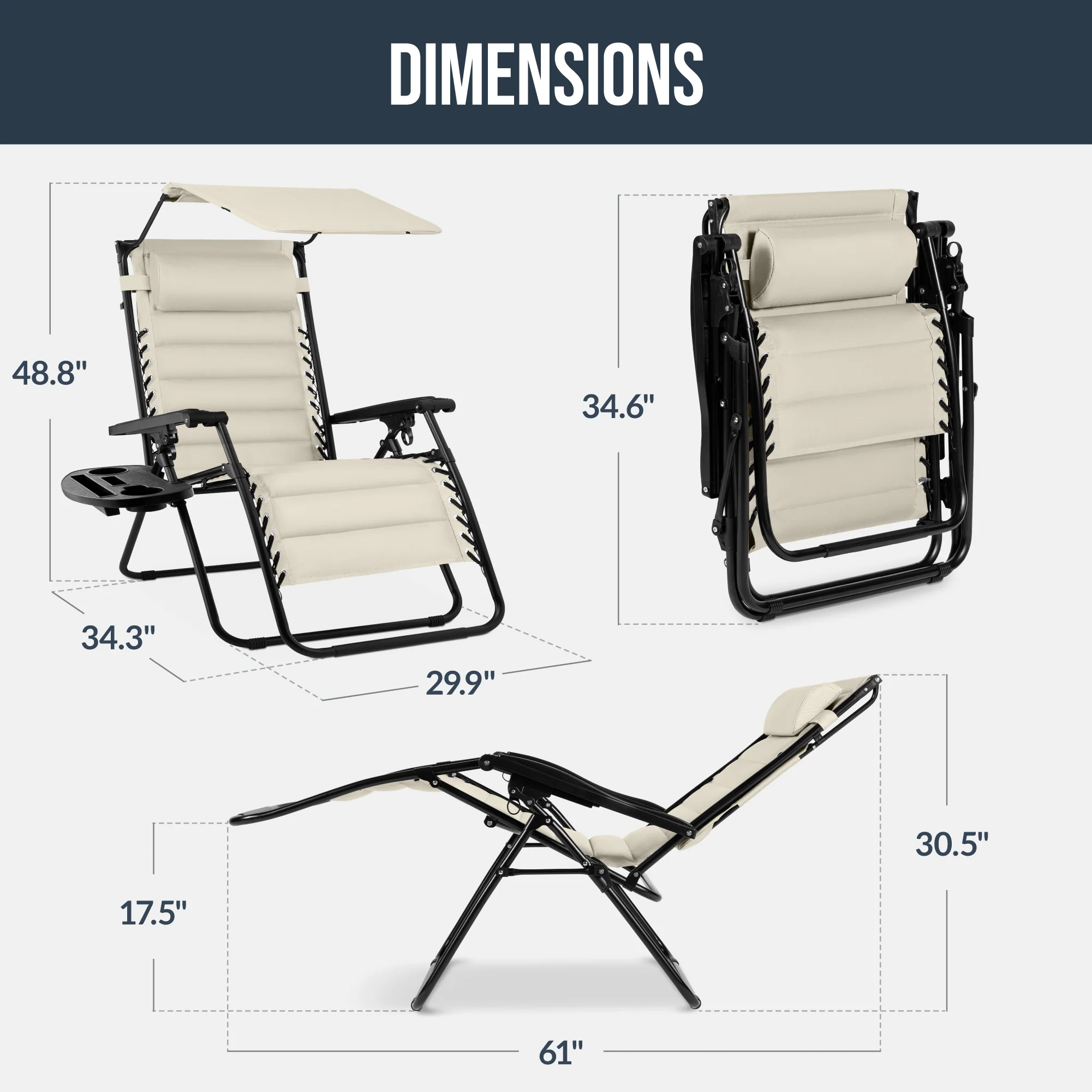 Oversized Padded Zero Gravity Chair w/ Canopy Headrest Cup Holder Side Tray - Image 10