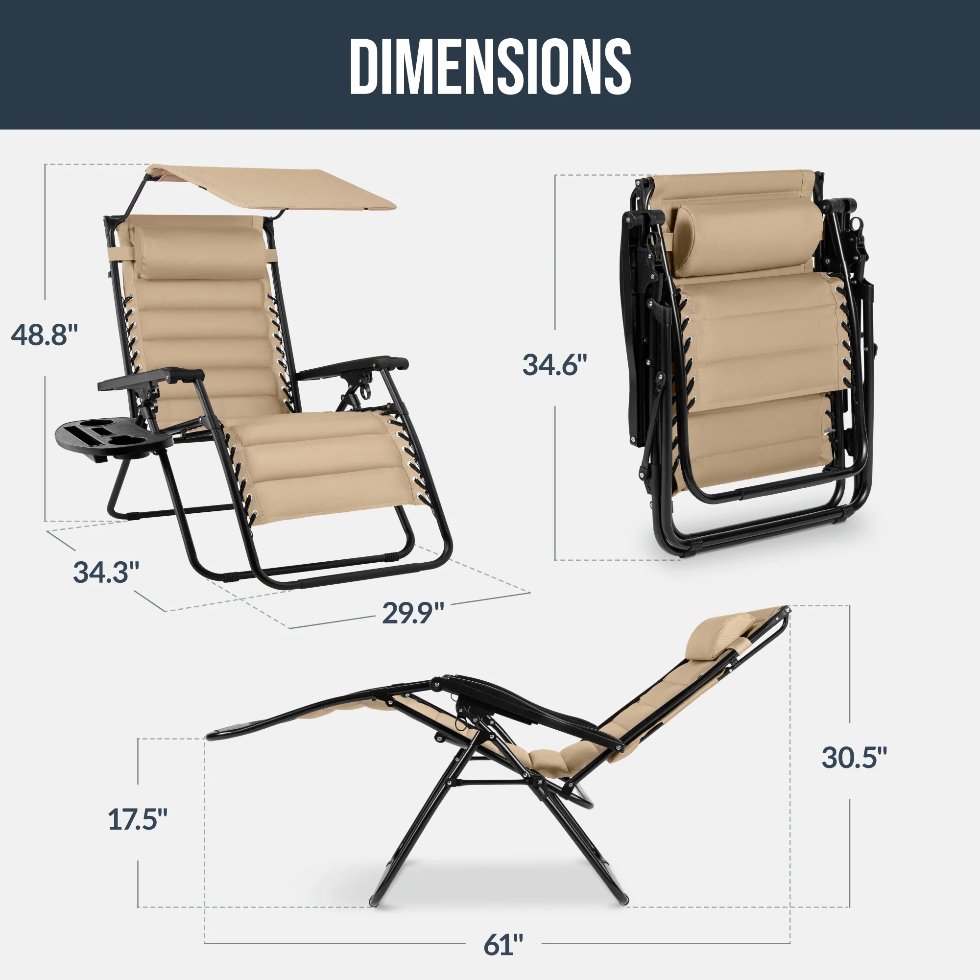 Oversized Padded Zero Gravity Chair w/ Canopy Headrest Cup Holder Side Tray - Image 109