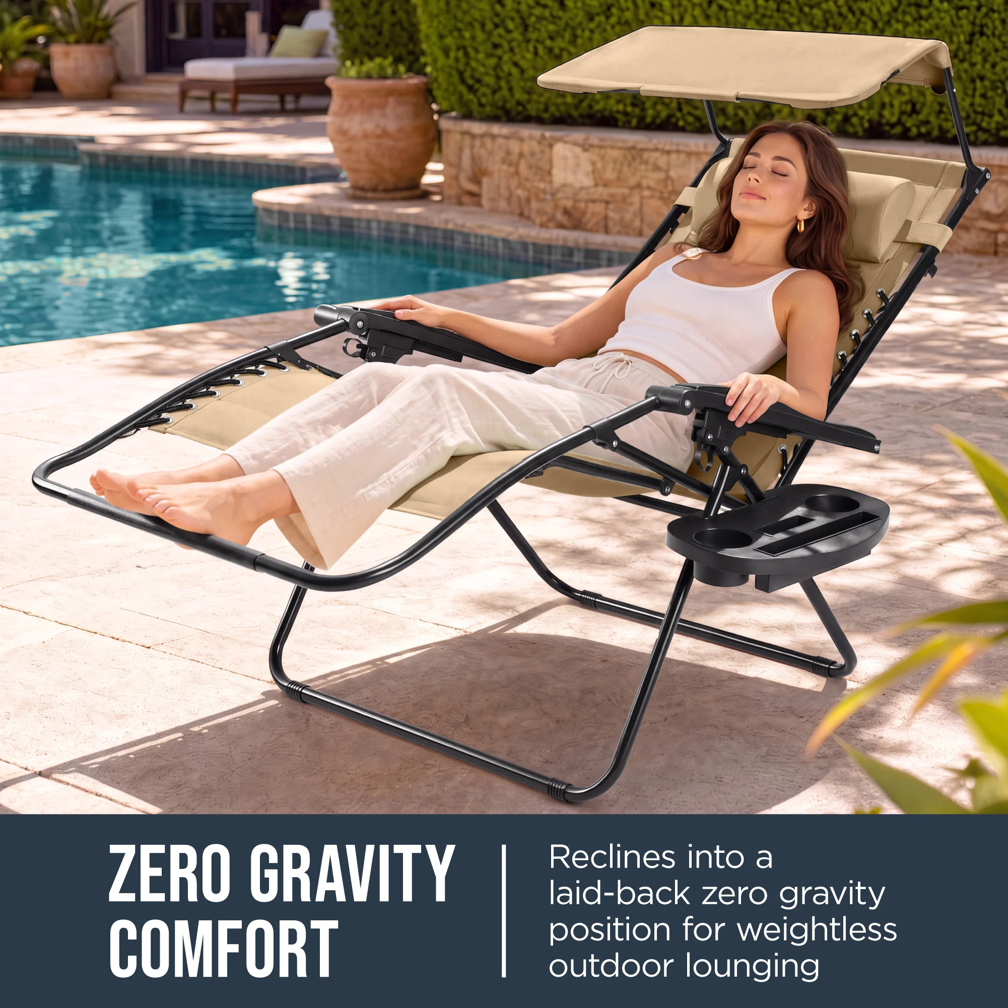 Oversized Padded Zero Gravity Chair w/ Canopy Headrest Cup Holder Side Tray - Image 110