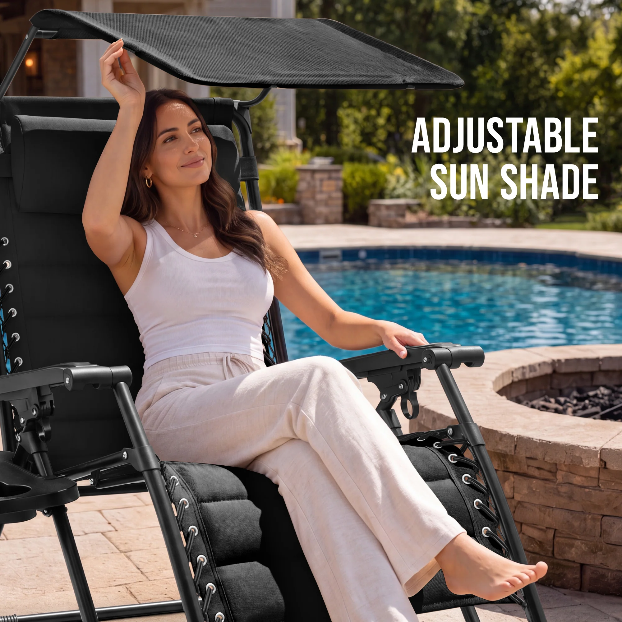 Oversized Padded Zero Gravity Chair w/ Canopy Headrest Cup Holder Side Tray - Image 129