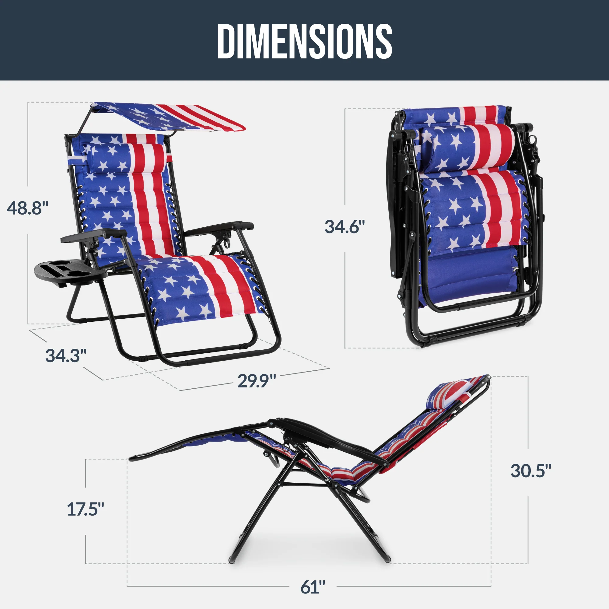 Oversized Padded Zero Gravity Chair w/ Canopy Headrest Cup Holder Side Tray - Image 145