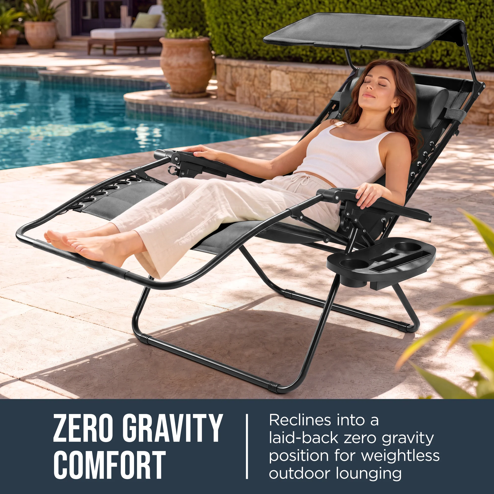 Oversized Padded Zero Gravity Chair w/ Canopy Headrest Cup Holder Side Tray - Image 20
