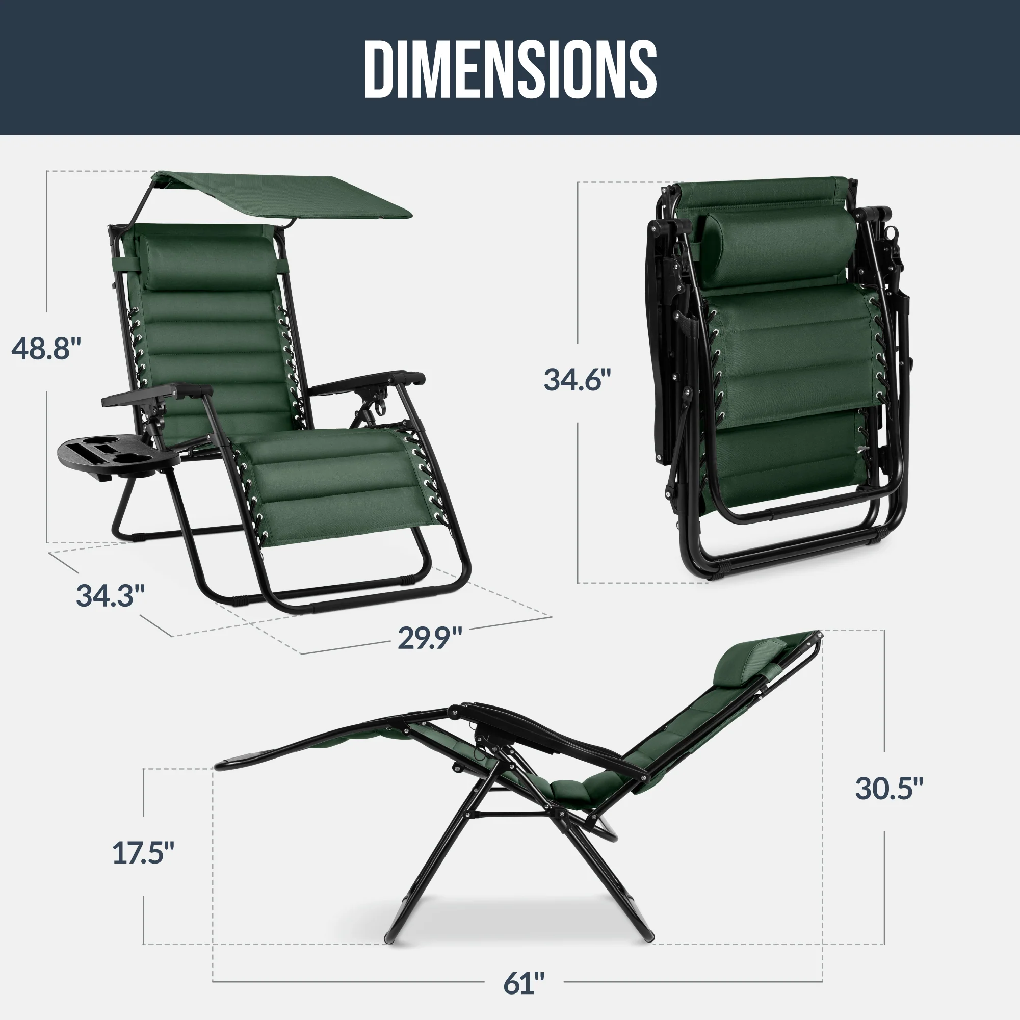 Oversized Padded Zero Gravity Chair w/ Canopy Headrest Cup Holder Side Tray - Image 28