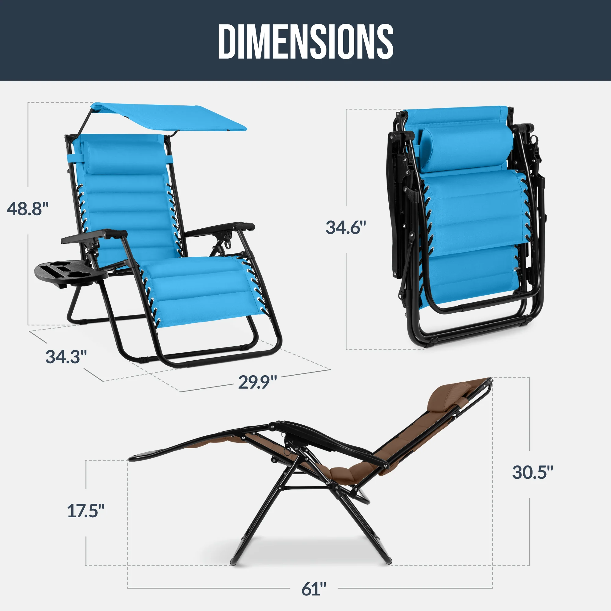 Oversized Padded Zero Gravity Chair w/ Canopy Headrest Cup Holder Side Tray - Image 37