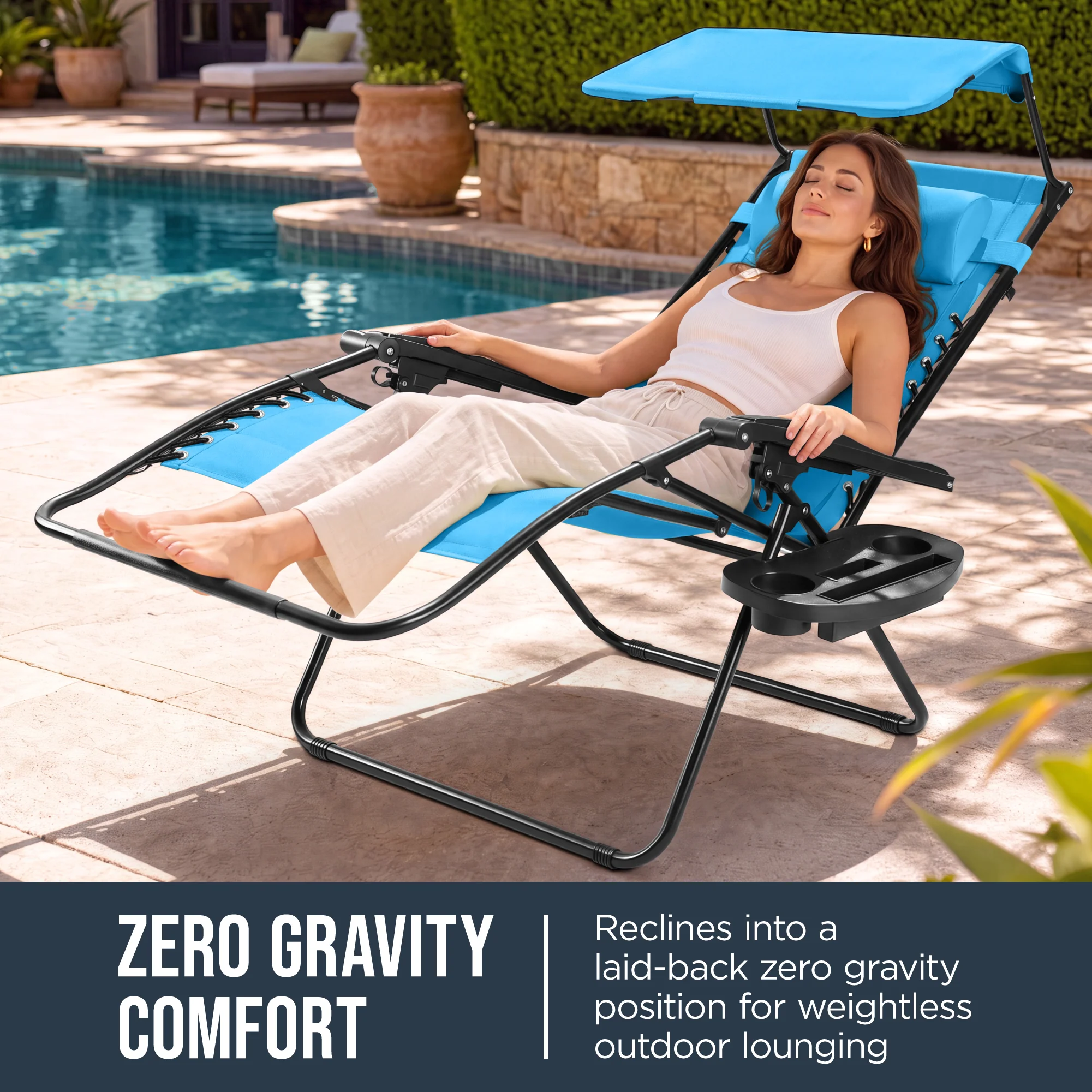 Oversized Padded Zero Gravity Chair w/ Canopy Headrest Cup Holder Side Tray - Image 38