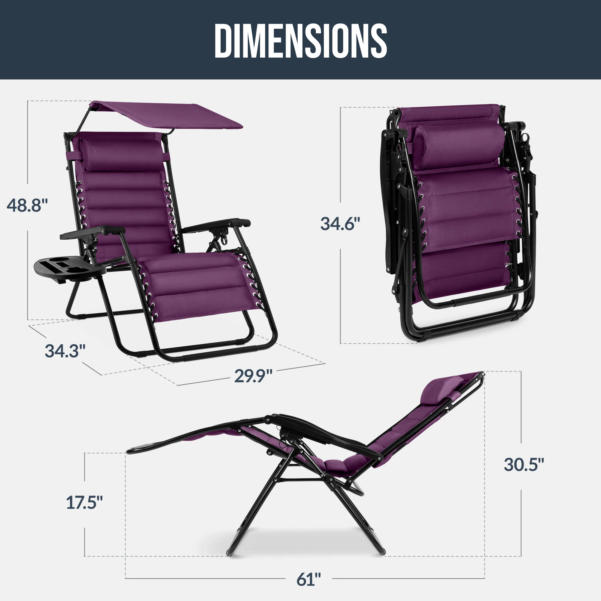 Oversized Padded Zero Gravity Chair w/ Canopy Headrest Cup Holder Side Tray - Image 46