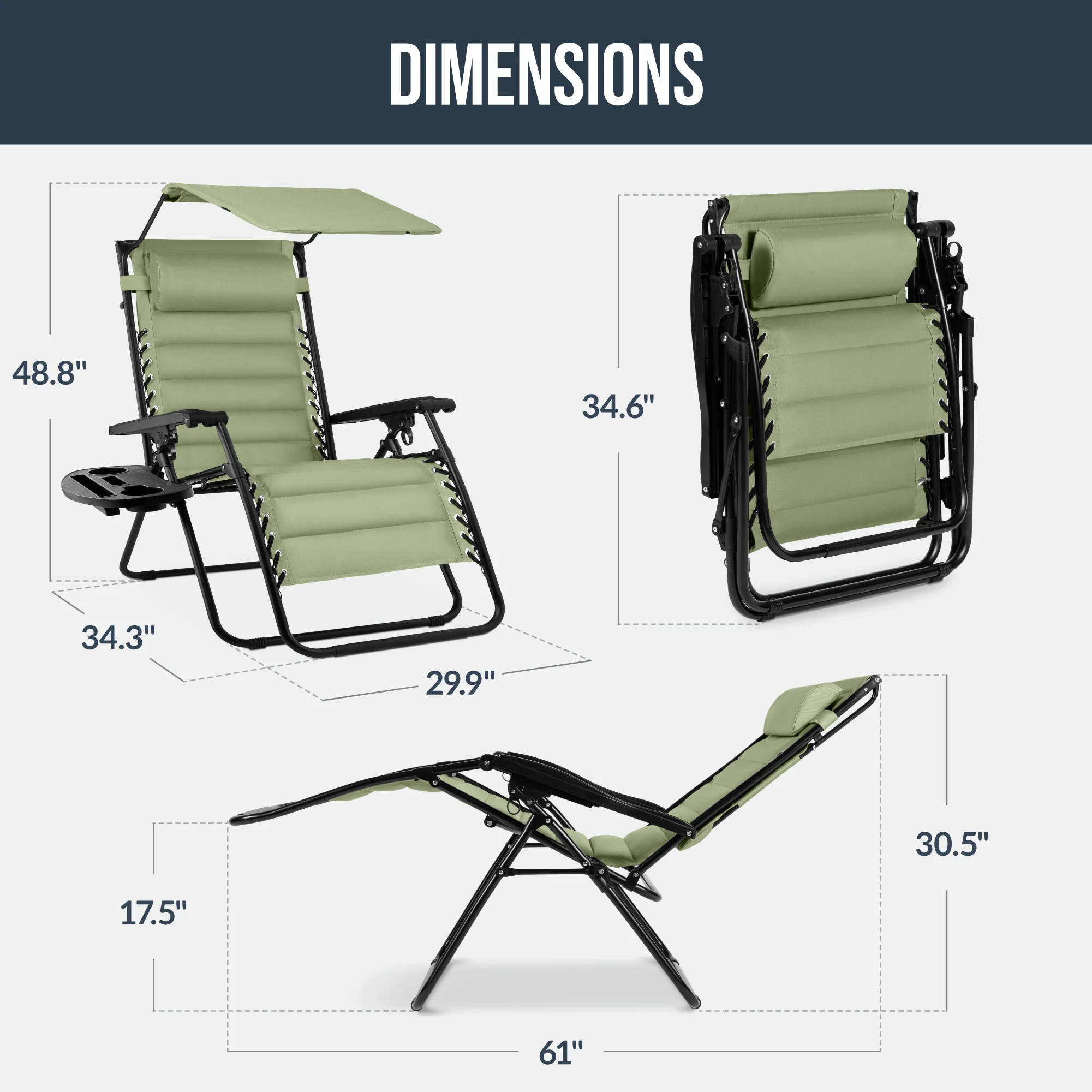 Oversized Padded Zero Gravity Chair w/ Canopy Headrest Cup Holder Side Tray - Image 82