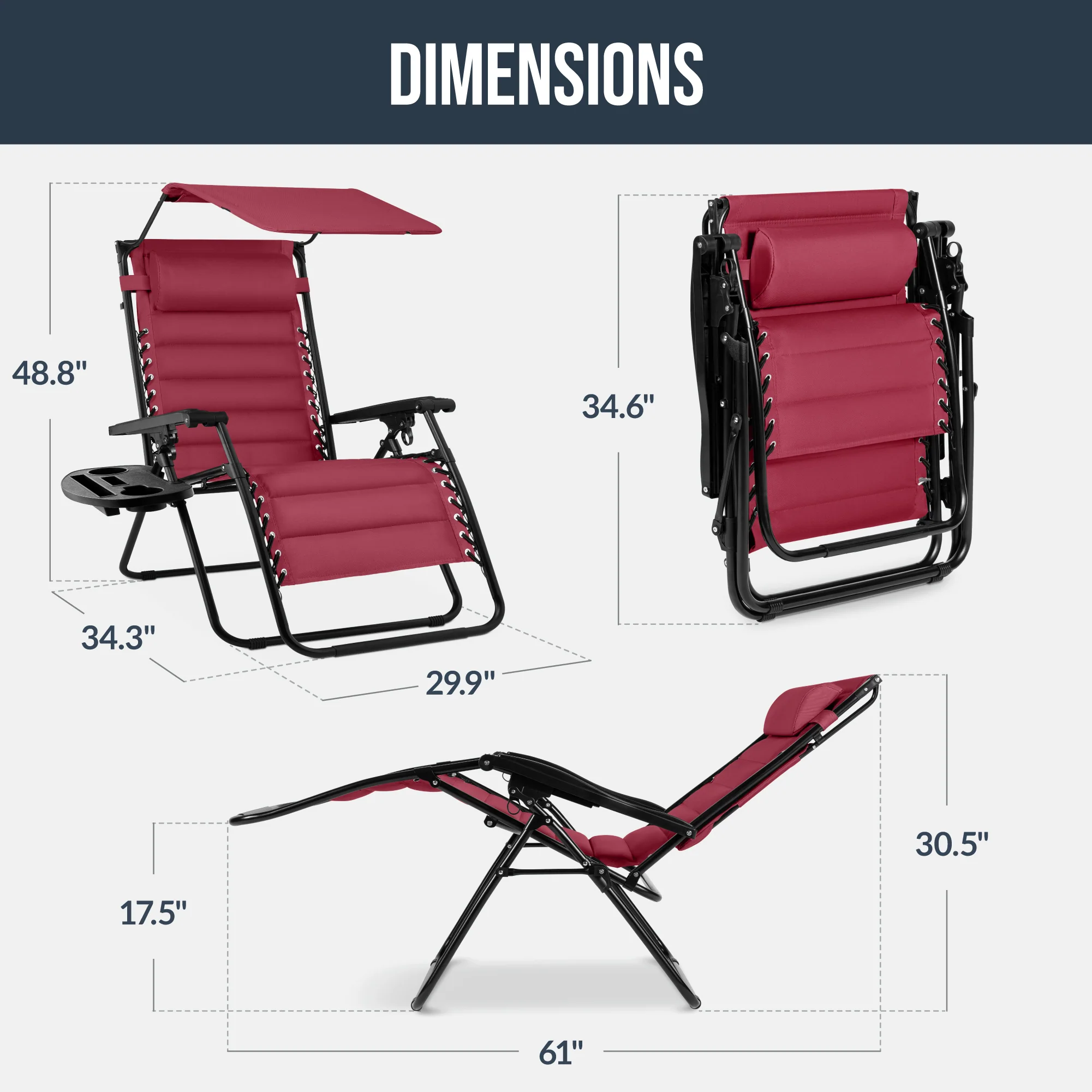 Oversized Padded Zero Gravity Chair w/ Canopy Headrest Cup Holder Side Tray - Image 91