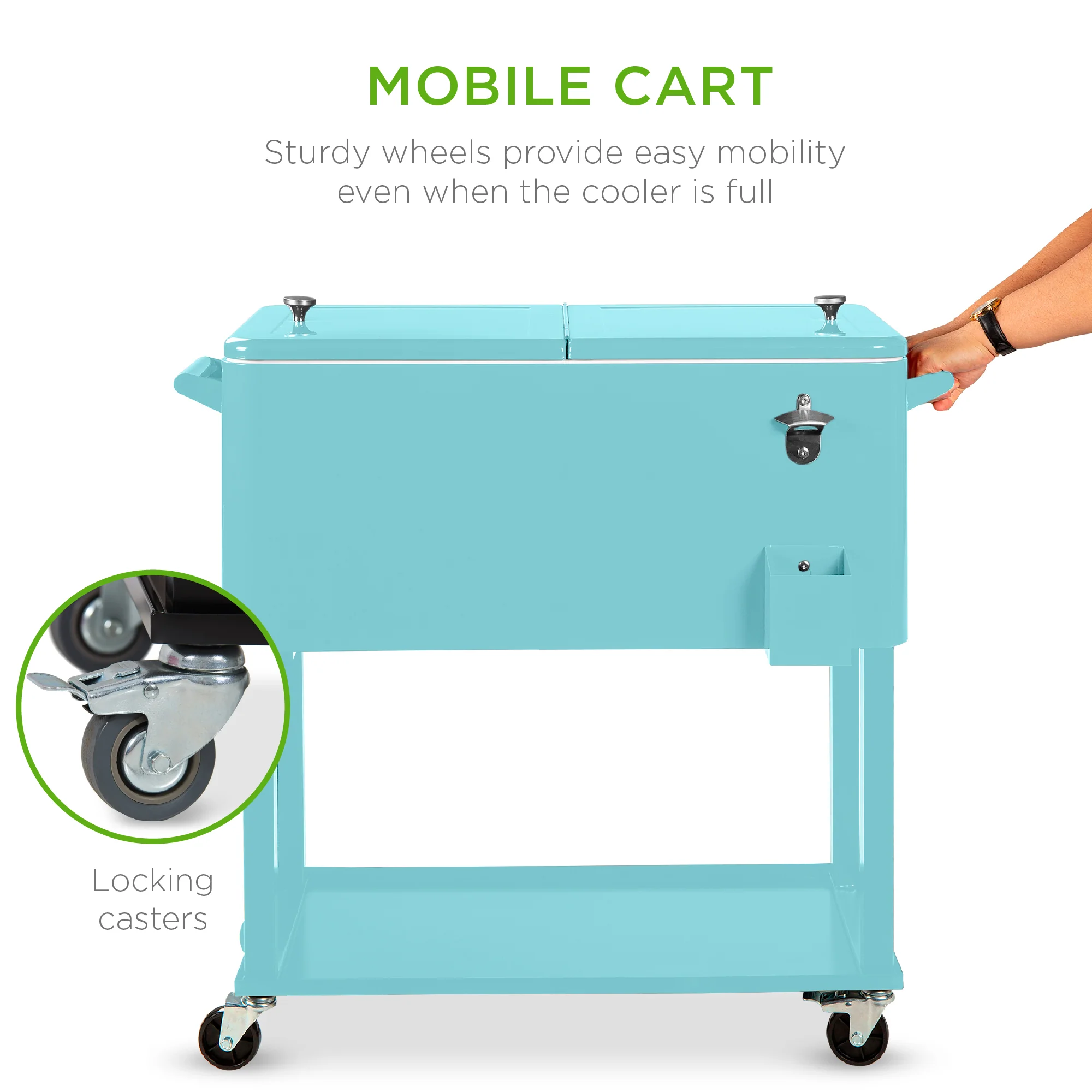 Portable Rolling Cooler Cart w/ Bottle Opener, Catch Tray - 80qt - Image 37