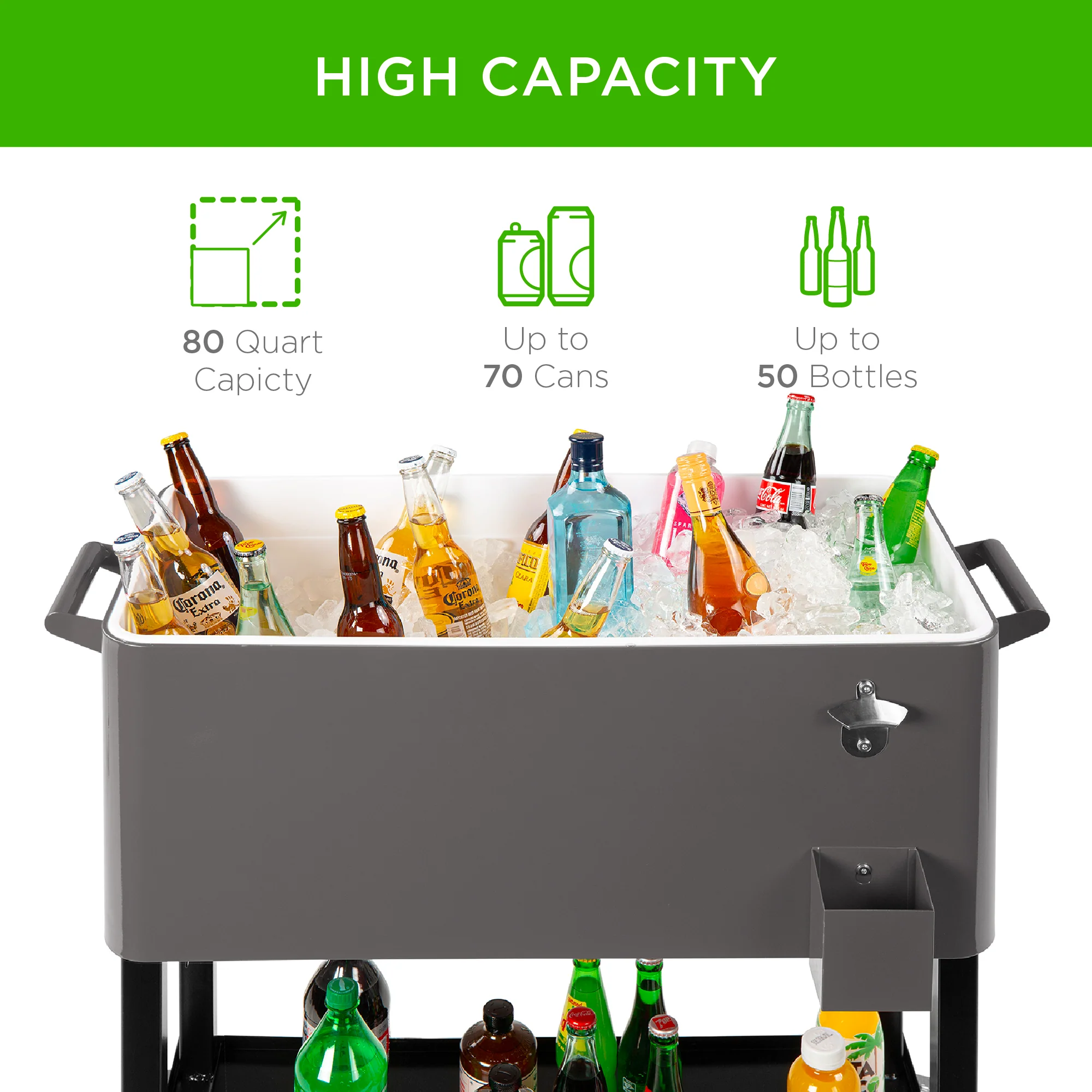 Portable Rolling Cooler Cart w/ Bottle Opener, Catch Tray - 80qt - Image 45