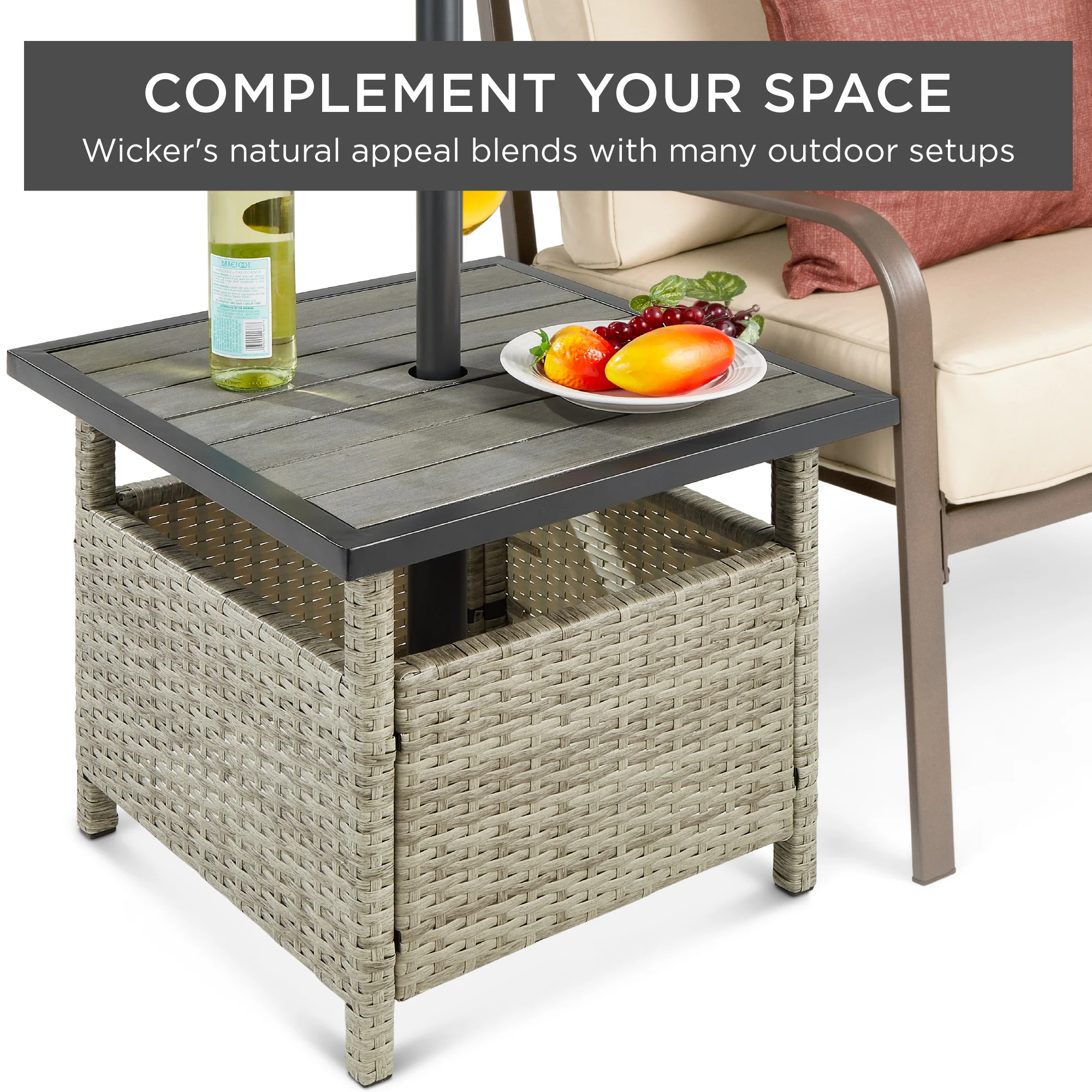 Outdoor Wicker Patio Side Table Accent Furniture w/ Umbrella Hole - Image 19