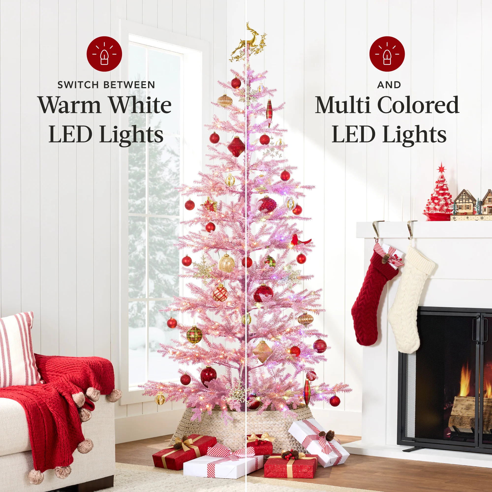 Pink Pre-Lit Sparse Flocked Christmas Tree w/ 2-in-1 LEDs, Cordless Connection - Image 40