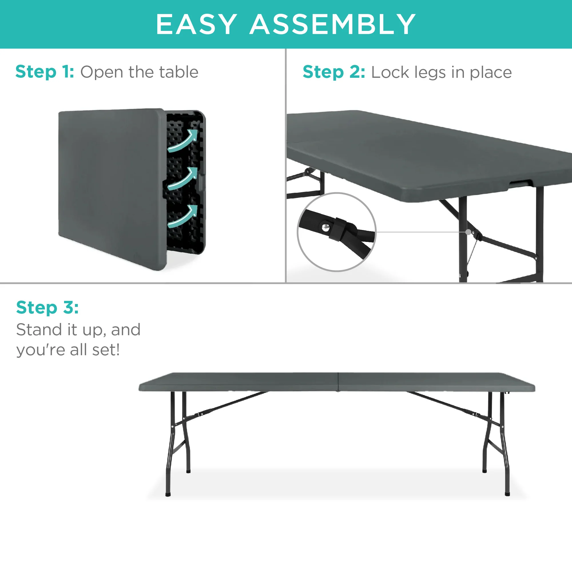 Portable Folding Plastic Dining Table w/ Handle, Lock - 8ft - Image 20
