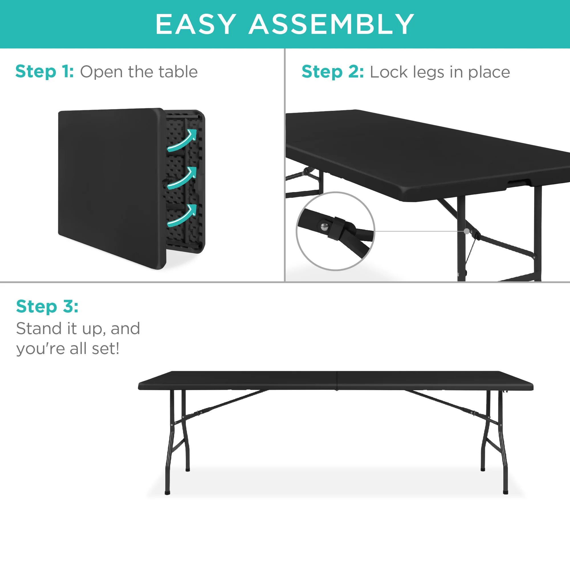 Portable Folding Plastic Dining Table w/ Handle, Lock - 8ft - Image 27