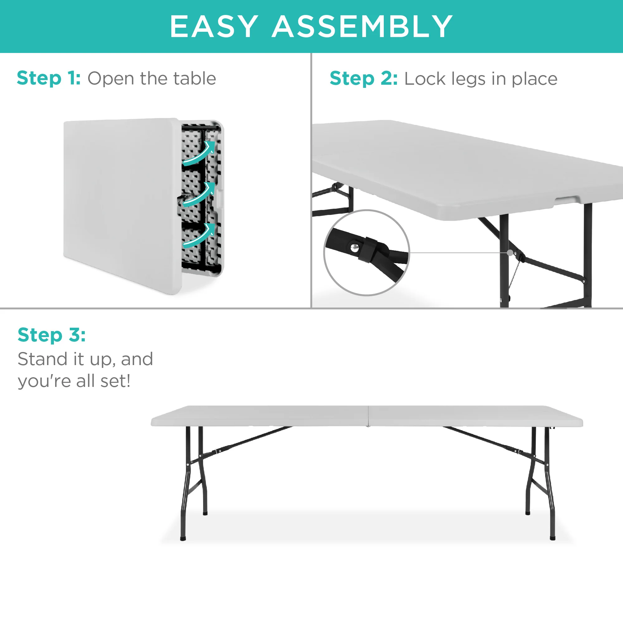Portable Folding Plastic Dining Table w/ Handle, Lock - 8ft - Image 6
