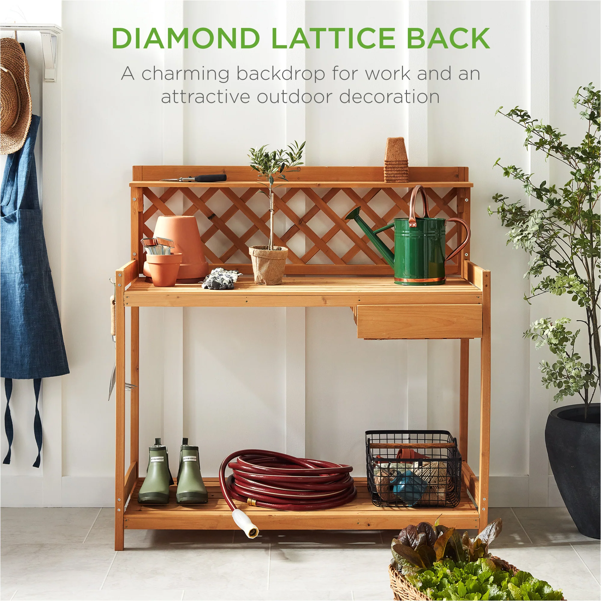 Wooden Garden Potting Bench Workstation w/ Cabinet Drawer, Open Shelf - Image 6