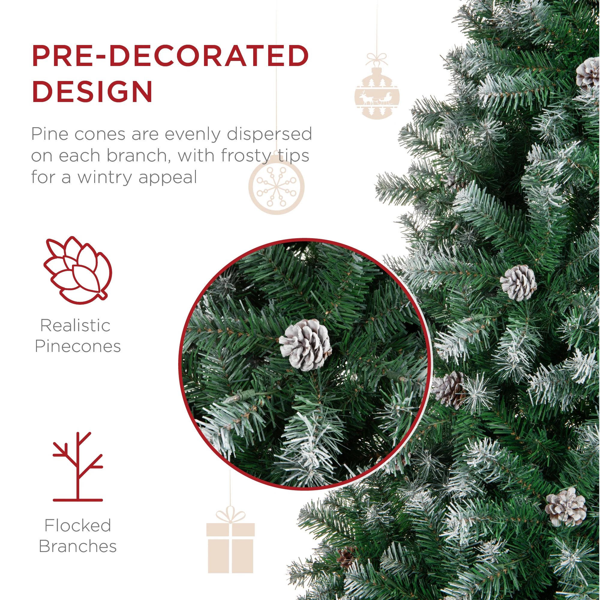 Pre-Decorated Christmas Tree w/ Pinecones, Flocked Branch Tips - Image 17