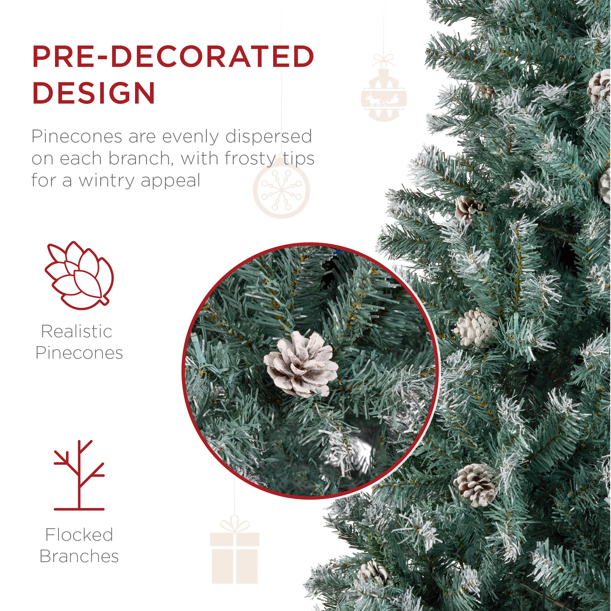 Pre-Decorated Christmas Tree w/ Pinecones, Flocked Branch Tips - Image 10