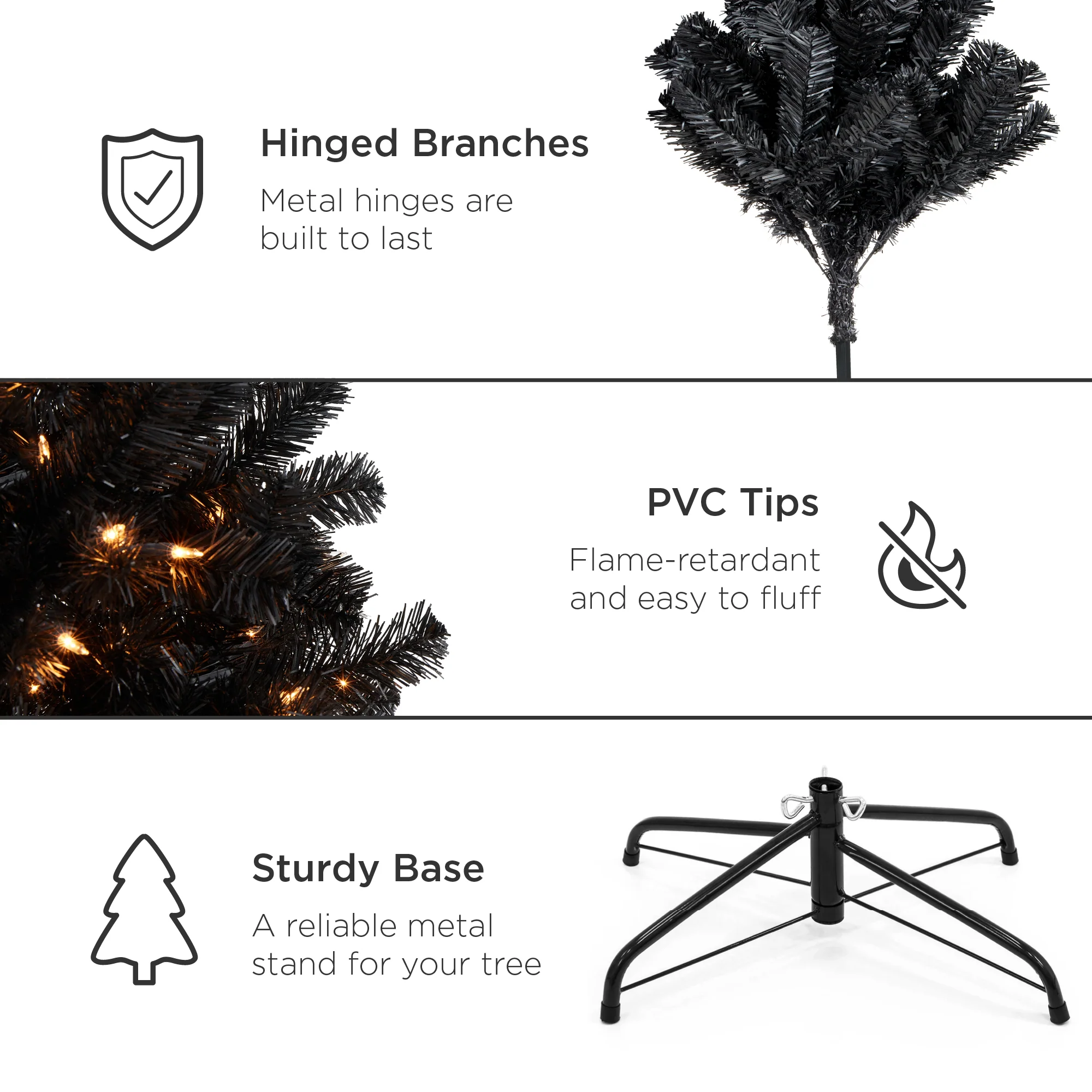 Pre-Lit Artificial Black Christmas Tree w/ Incandescent Lights, Metal Stand - Image 42